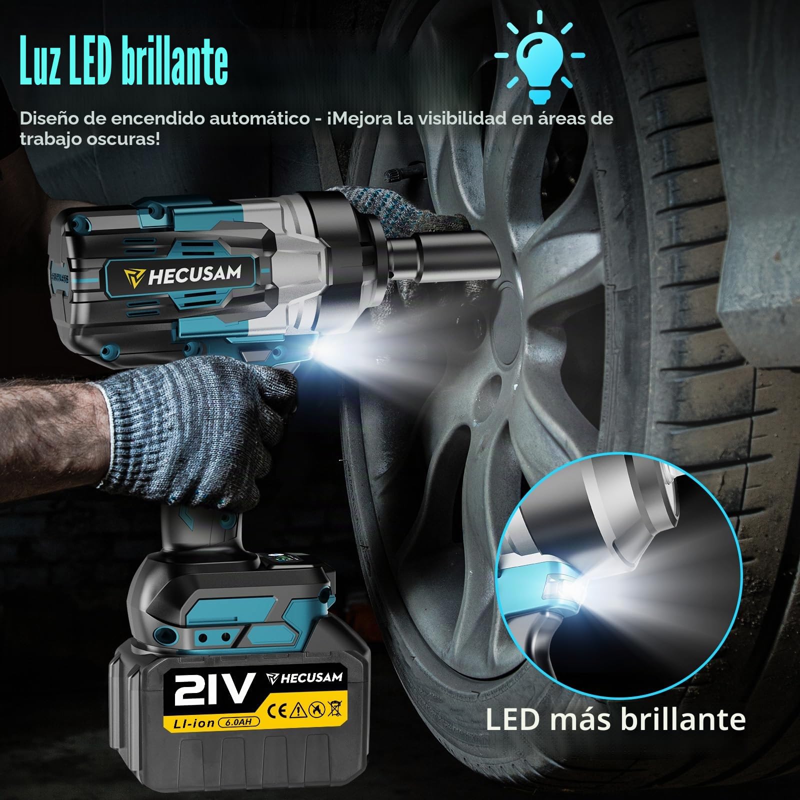 Llave de Impacto inalámbrica sin escobillas, Par máximo de 2100 N.m, 3/4"llave de impacto con Batería de 2x6.0Ah, Cargador Rápido, Atornillador de impacto para coche y maquinaria pesada