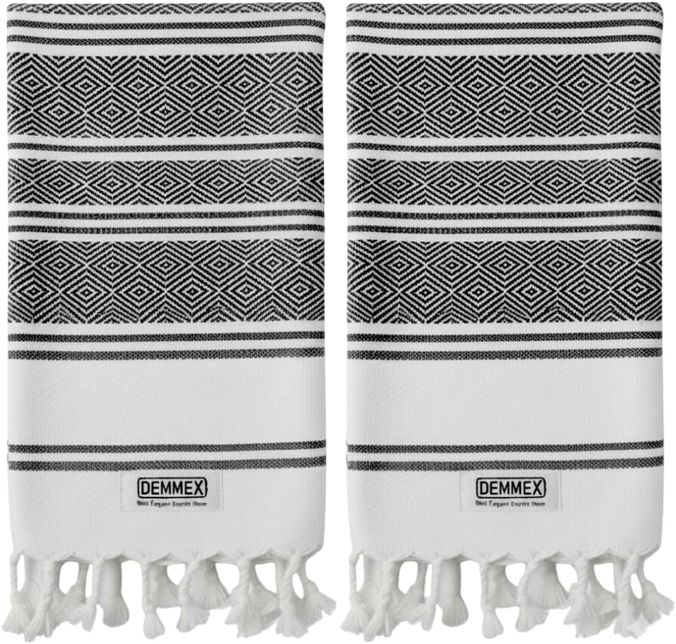 DEMMEX Organic Turkish Hand Towels for Bathroom – 100% Oeko-TEX Certified Turkish Cotton, Quick Dry, Lightweight Kitchen & Travel Towels, Diamond Weave, Large 18x36 Inches, Set of 2, Black