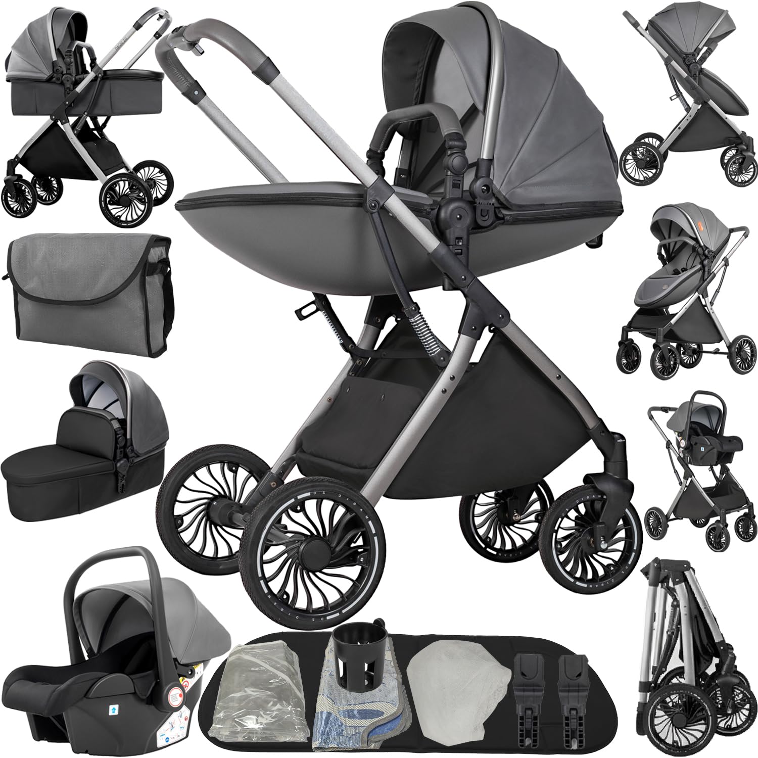 Prokoke Kinderwagen 4 in 1, Kombikinderwagen 4 in 1 mit Umkehrbarem Zwei-Wege-Schub, Kinderwagen Rahmen Aluminiumlegierung, Buggy Einem Klick Faltbar Baby Kleinkind Neugeborene (688 Deep Grey)
