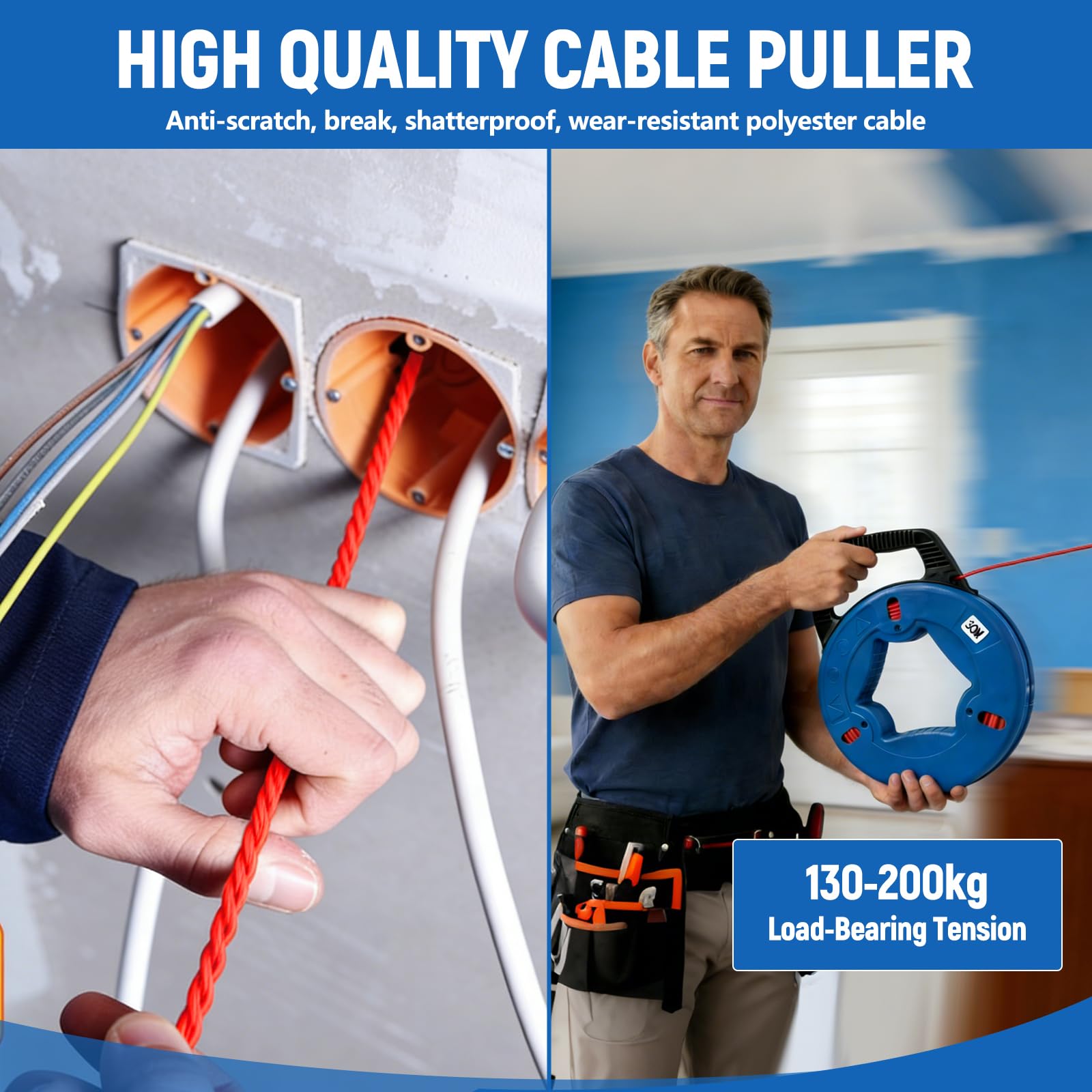 Ayudante de inserción de cable de fibra de vidrio de 30m con cable de 4mm, ayudante de inserción de cable con cabeza de cobre y 6 adaptadores, resorte de inserción, cable de tracción para tubos vacíos
