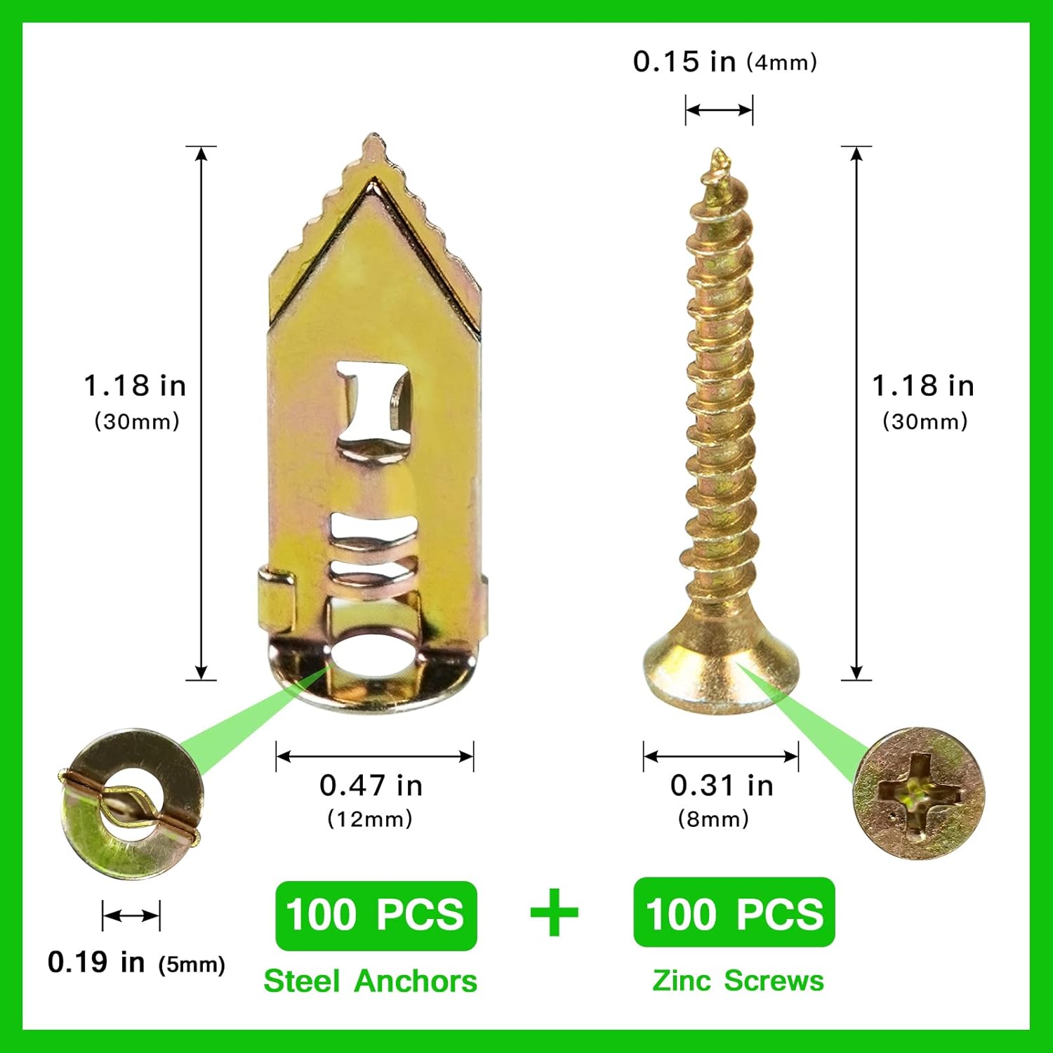 200 PCS Zinc Plated Steel Self-Drilling Anchors，Self Drilling Drywall Anchors Easy Application No Drill or Holes in Wall (100 PCS Steel Anchors 0.47X1.18inch and 100 PCS zinc Screw)