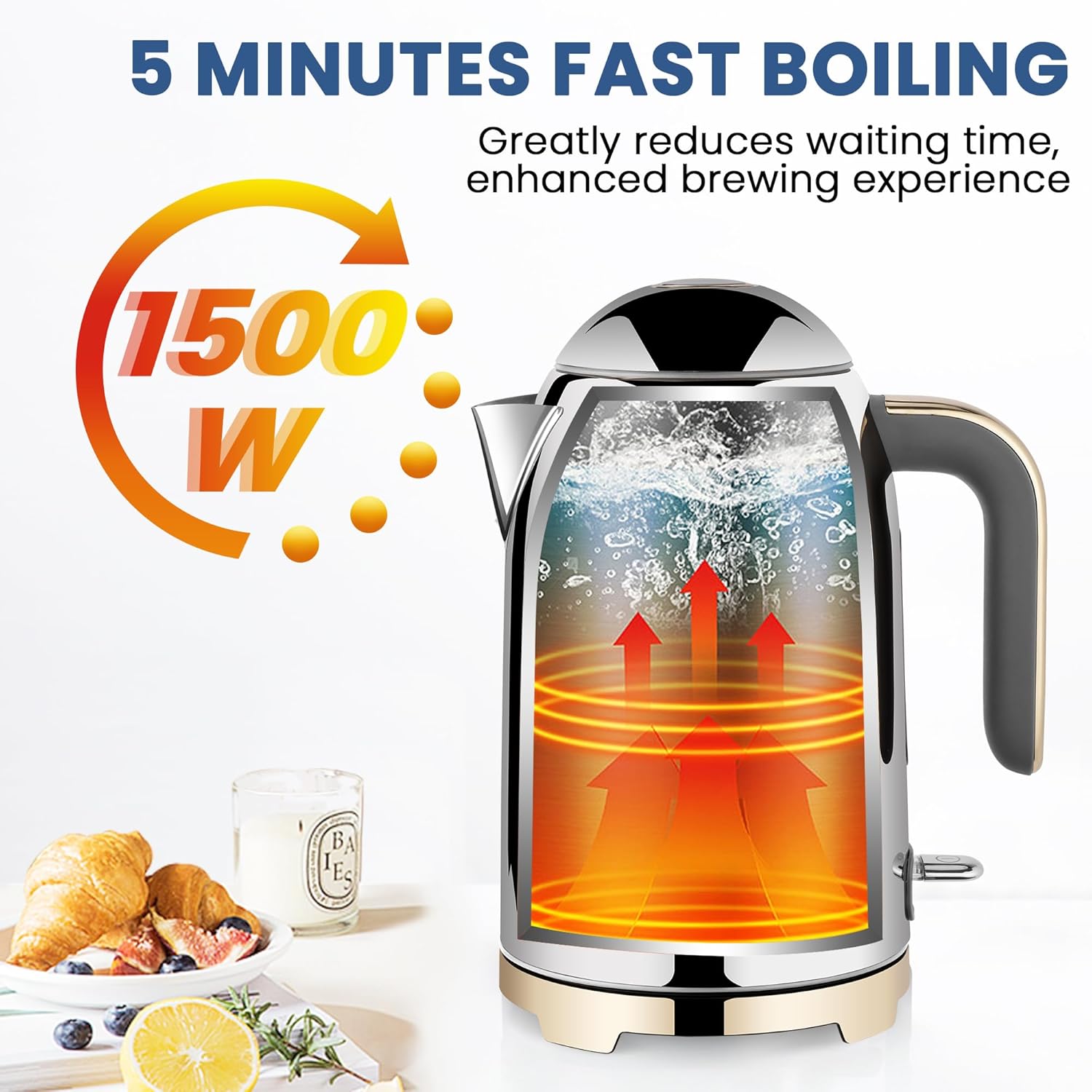 SUSTEAS Electric Kettle - 57oz Hot Tea Water Boiler with Thermometer, 1500W Fast Heating Stainless Steel Pot, Cordless LED Indicator, Auto Shut-Off & Boil Dry Protection, Glossy Silver - Image 3