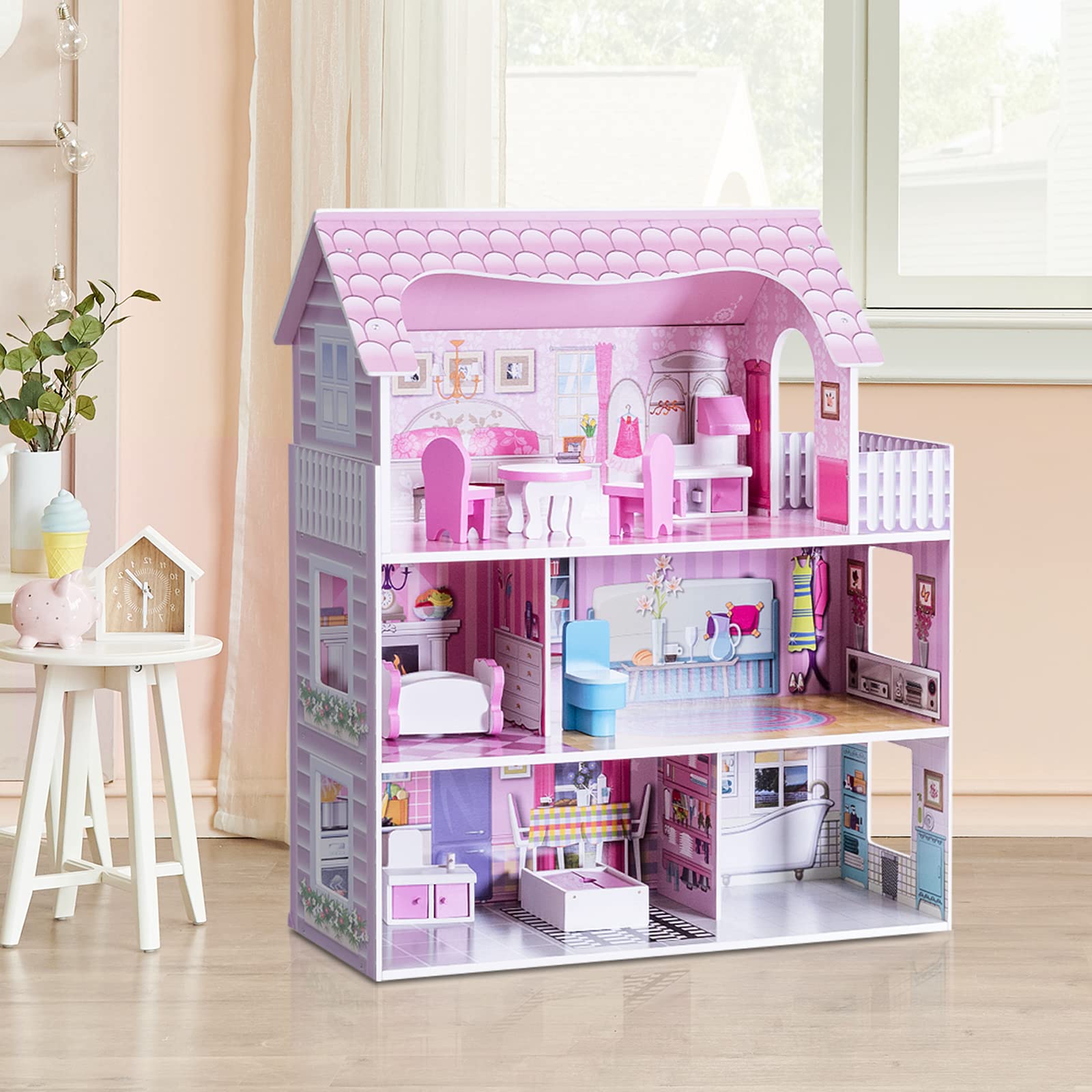 RELAX4LIFE Casa delle Bambole in Legno, 3 Piani, 5 Stanze, Mobili Rimovibili, Design Multicolore, Giocattolo Educativo per Bambini(Tre Piani delle Scoperte)