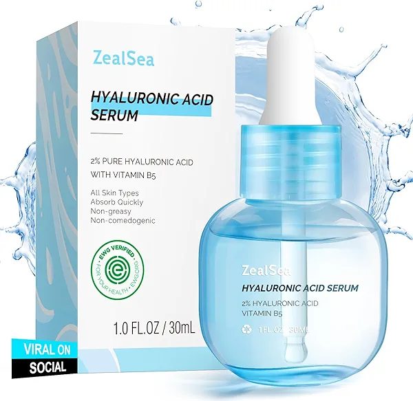 ZealSea Hyaluronic Acid Serum for Face, Hydrating Microneedling Serum, EWG Certified for Sensitive Skin, Vegan Fragrance Free Non-Comedogenic Absorb Quickly, Pure Hyaluronic Acid Anti-Aging 1 Oz