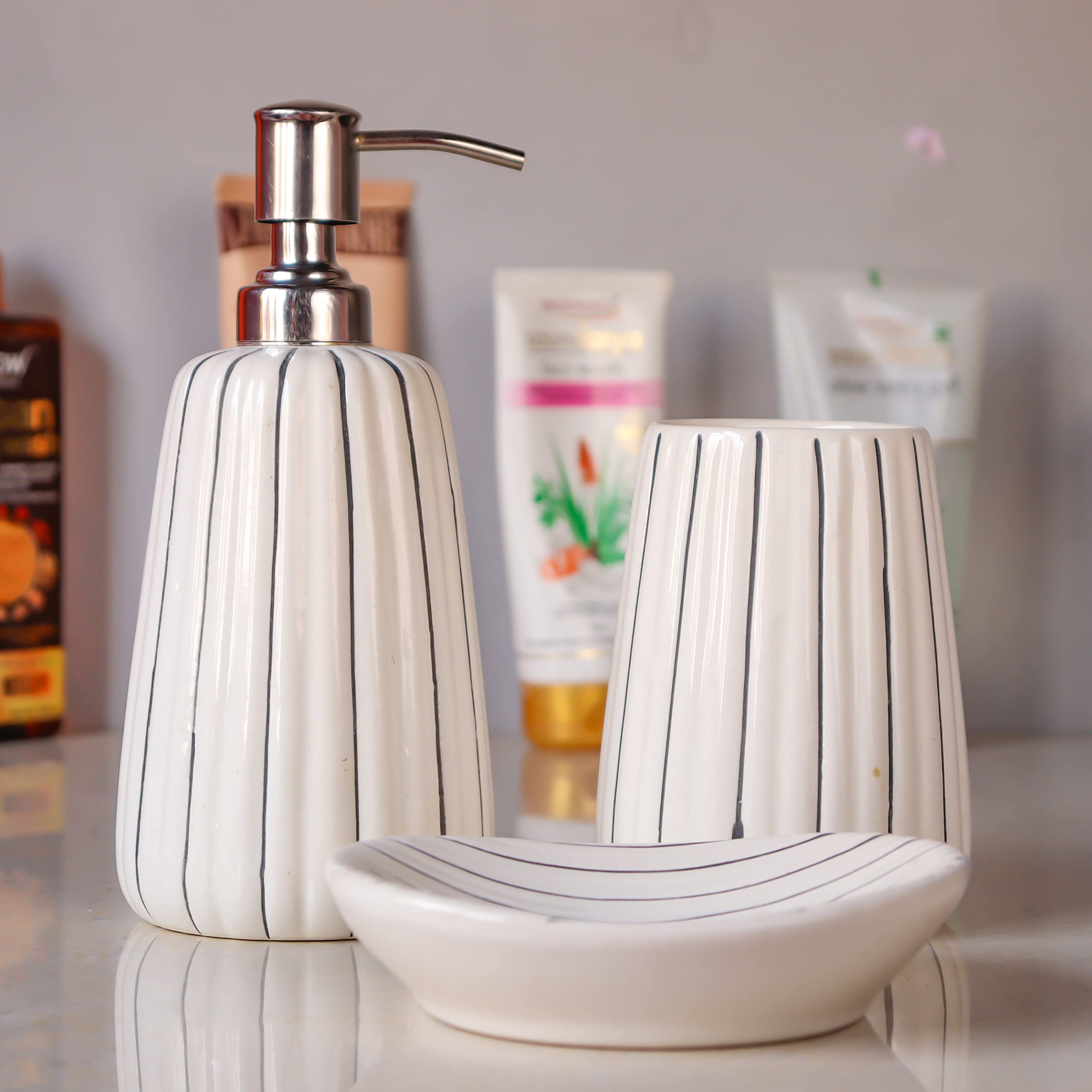 Kaolinite Ceramic Bathroom Accessories Set for Utility and Bathroom Decor | Liquid Soap Dispenser, soap Tray, Toothbrush Holder Musk Melon White