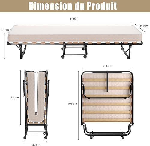 GIANTEX Letto Singolo Pieghevole con 4 Ruote, Portata di 120 kg, Letto Pieghevole con Materasso e 4 Gambe in Mettallo, Fibbia Fissata, 80 x 190 cm, Materasso di 10 cm, Ideale per Viaggio e di Riserva - 5