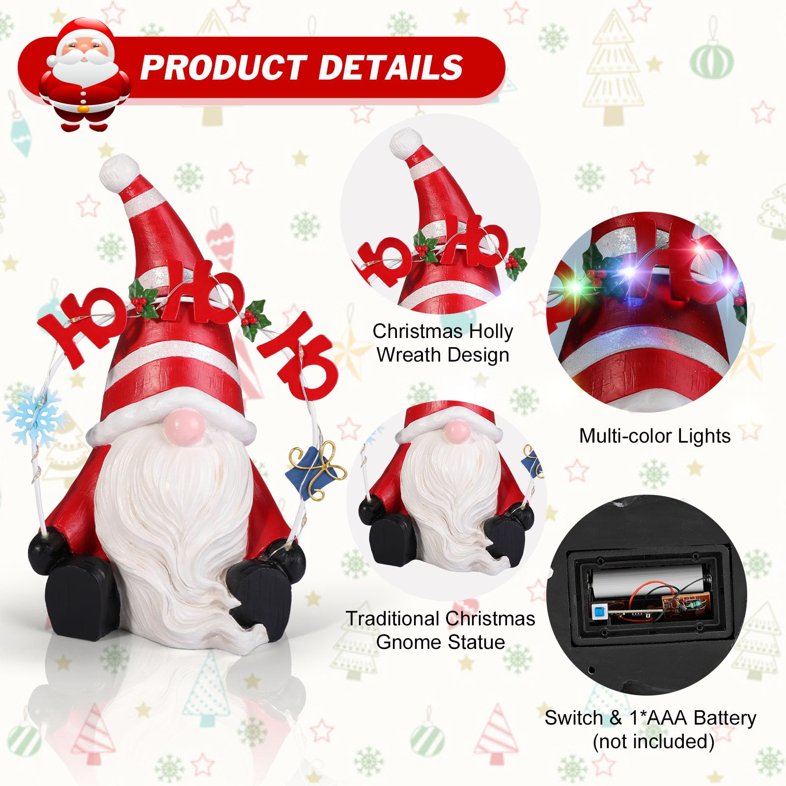 BUARO8AGA Christmas Statue Decorations Tabletop, 10" Lights Up Gnomes Red Handicraft Resin Sculpture with Multi-Colored LED Lights Xmas Holly Figurine Indoor Decor Gift for Holiday, Battery Powered