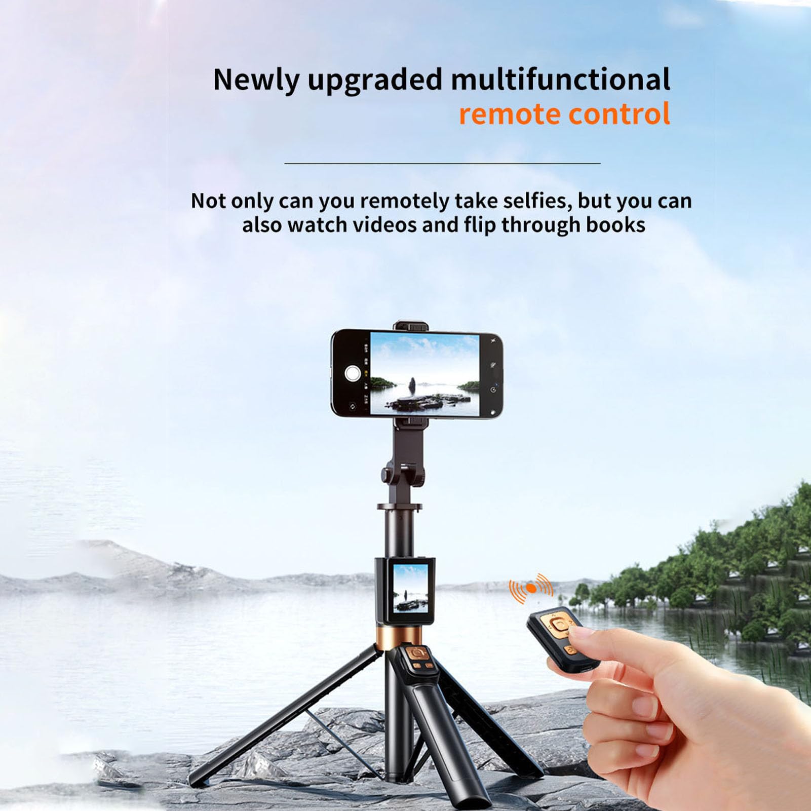 Garsent Palo Selfie Inalámbrico con Espejo de Pantalla, Trípode Extensible de 66,9 Pulgadas con Control Remoto y Cabezal Giratorio de 360 Grados para Grabación de Video y Transmisión en