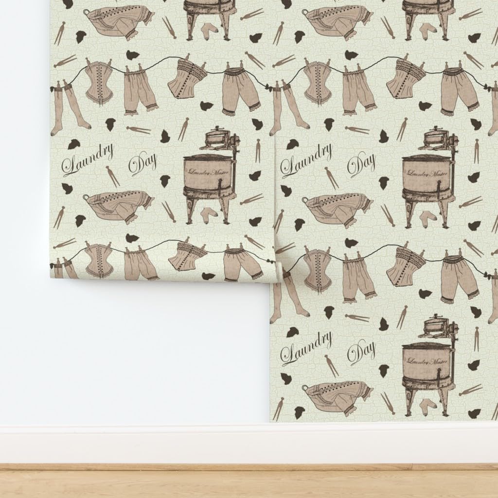 Spoonflower Removable Wallpaper 12ft x 2ft - Vintage Laundry Day Technology Geek Retro Machine Custom Pre-Pasted Wallpaper