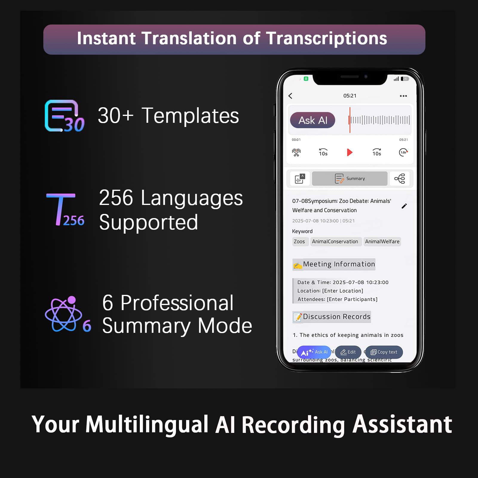 Registratore vocale digitale KI da 64 GB, registratore con trascrizione e riepilogo automatici, trascrizione in tempo reale, app, supporta l'importazione di file audio, 256 lingue 1