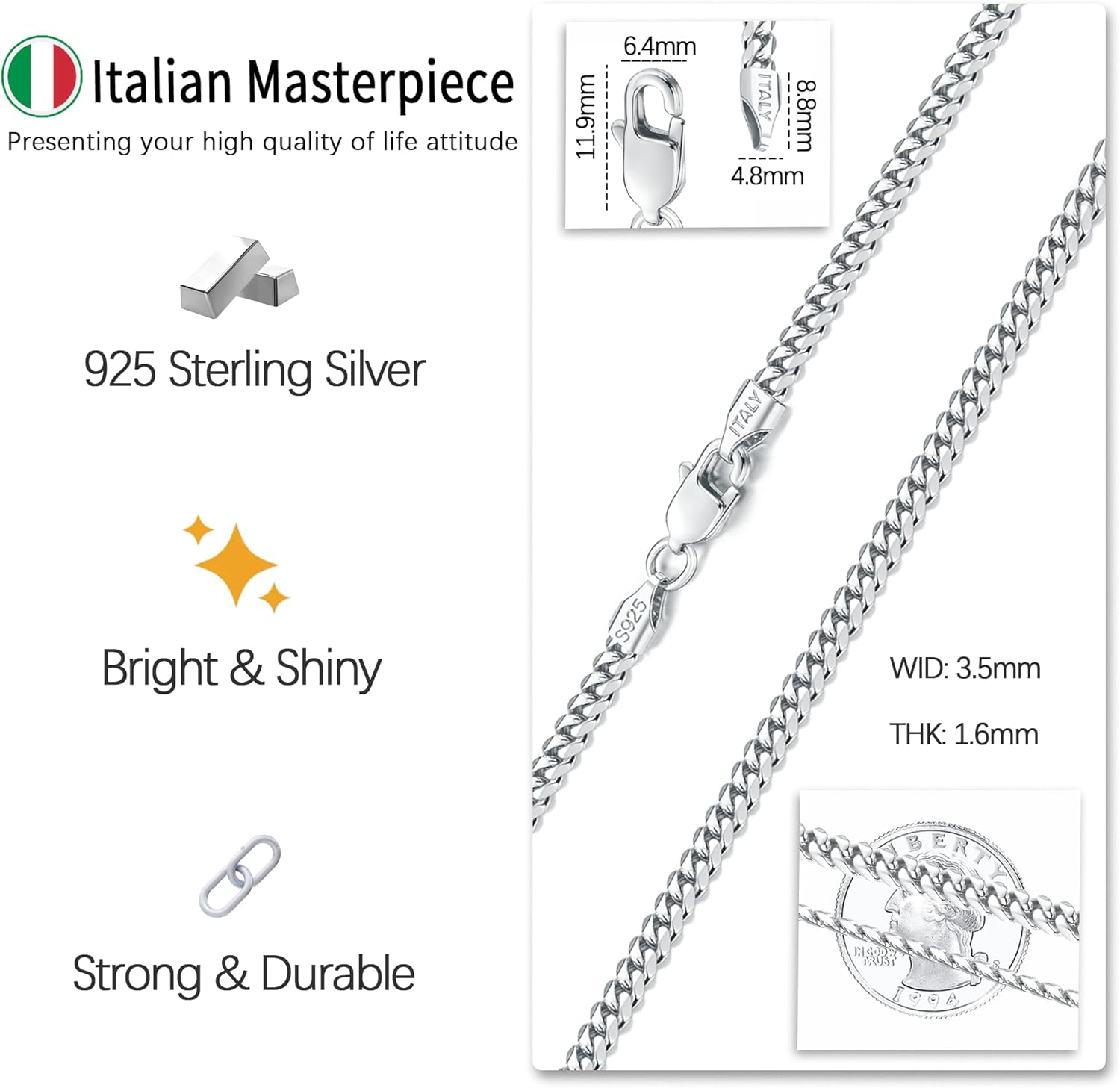 18k Gold Plated S925 Sterling Silver Chain Necklace for Men Women, 3.5mm, 4mm, 5mm Diamond Cut Cuban Link Chain, Sturdy & Shiny & Not Easy to Fade & Comfortable 16 18 20 22 24 26 Inch - Image 3