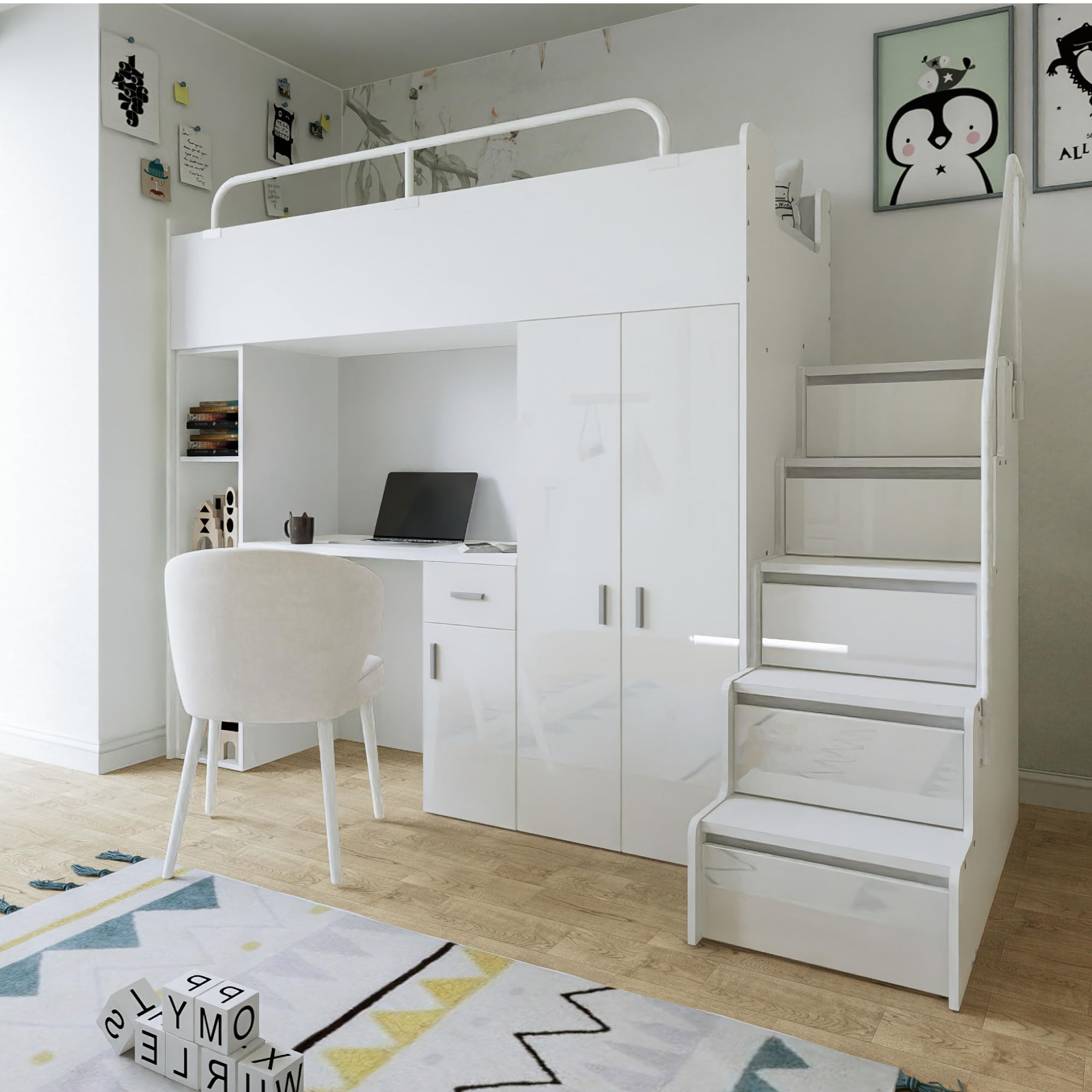 Hochbett JSM-4 80x190 mit Kleiderschrank Schreibtisch und Treppe Hochglanz Kinderbetten Funktionsbett Etagenbett Stockbett Kinderhochbett Jugendhochbett (Schwarz Glanz)