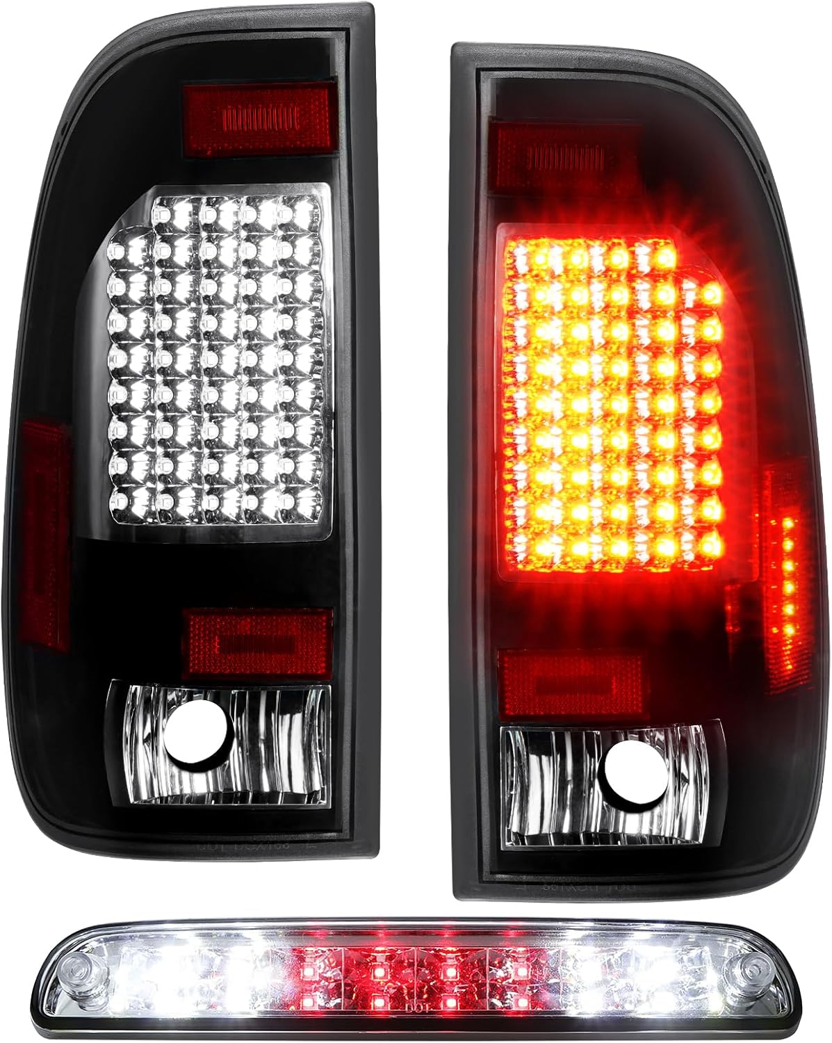 (3 Pack) LED Tail Light Assembly + 3rd Brake Light For 1999-2007 Ford F250 F350 F450 F550 Super Duty Fleetside, Taillights w/High Mount Stop Light, Clear Lens, Only Fit Factory Incandescent Models