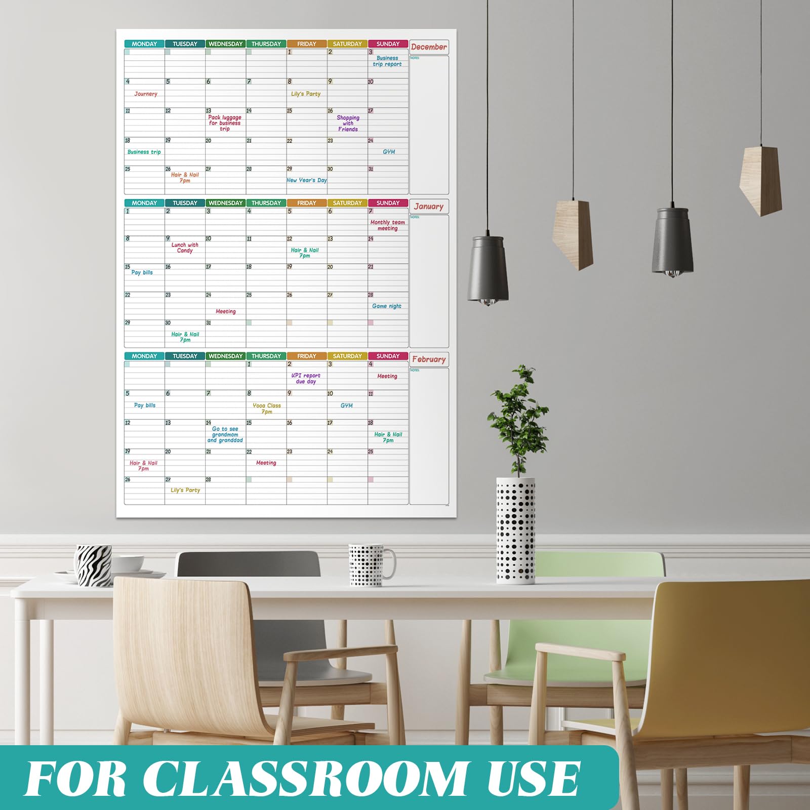 Großer Wandkalender, undatiert – Drei-Monats-Wandplaner, trocken abwischbar, wiederverwendbar, riesiges laminiertes Poster, Ziel- und Aufgaben-Organizer für Ihr Zuhause, Büro, 101 x 73 cm, bunt