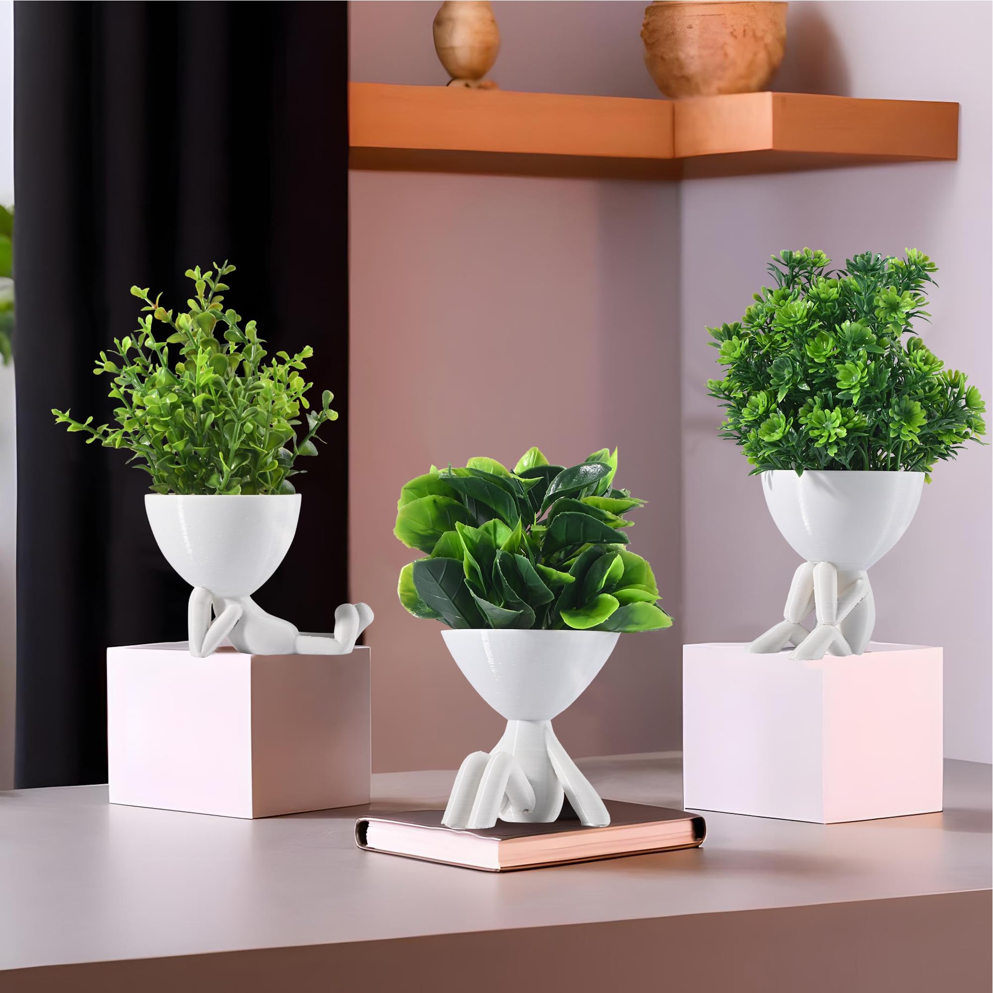 Kuber Industries 3 Pcs Set Plastic Mini Artificial Plants with Pot | Table Top & TV Unit Decorative Items for Living Room | Faux Plants for Home Decor & Office Desk | Man Shape - White
