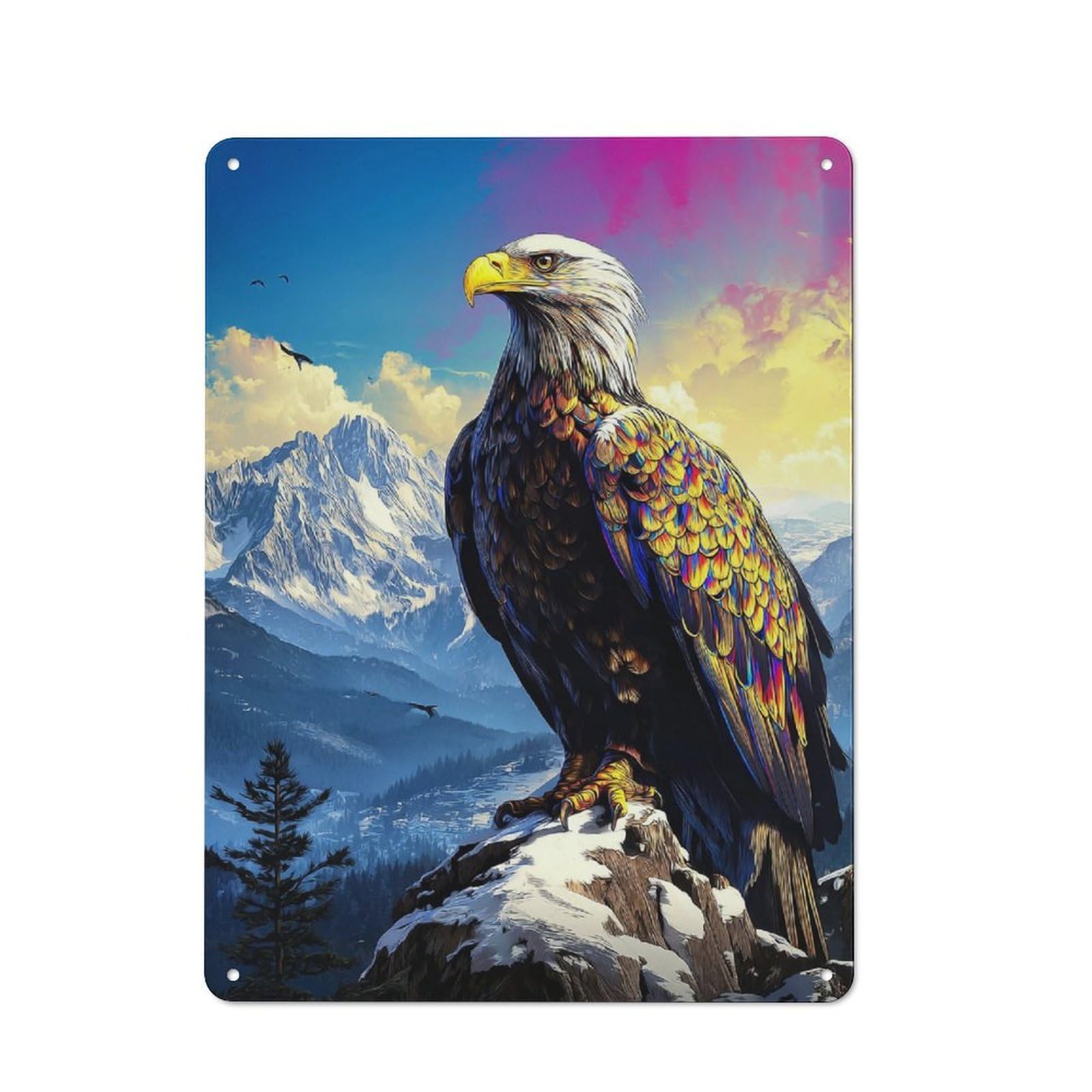 Metal Plaque with Golden Eagle Perched on Snowy Summit Design 40x30cm, Cosy Diner Style Decor for Coffee Bar, Kitchen, Bistro Or Tea Corner