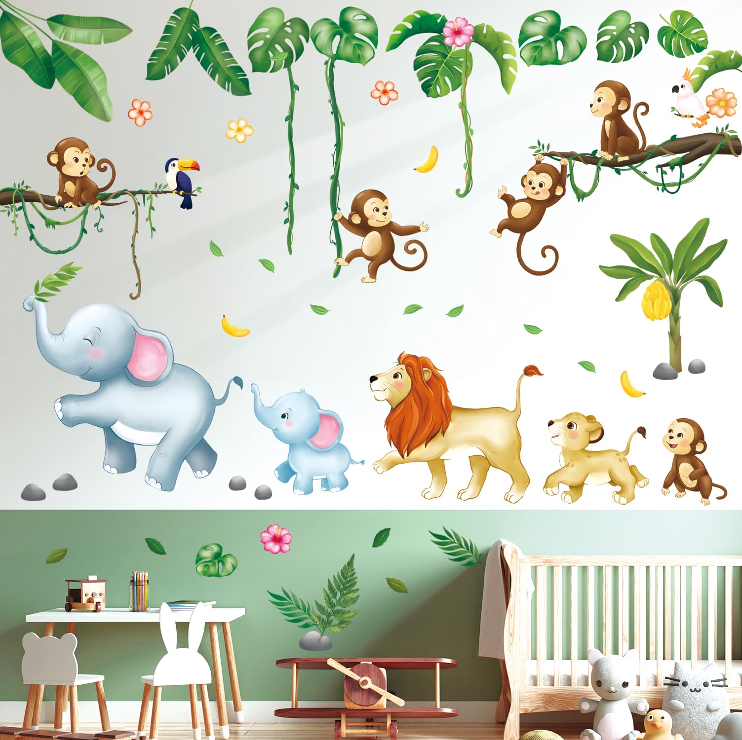 DECOWALL Adesivi Murali Rimovibili Per Bambini - Giungla Con 23 Animali - Set 4 Fogli 50x25 Cm - Ecologici E Riposizionabili Per Cameretta