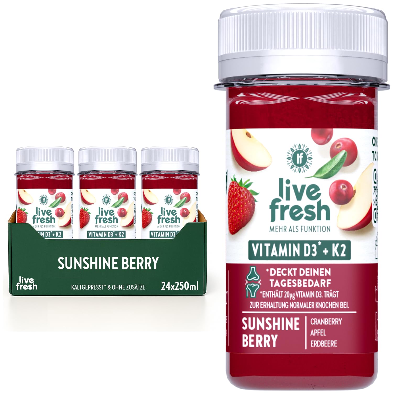 LiveFresh Vitamin D3 K2 Shot - 24x60ml | Kaltgepresste¹ Shots aus Erdbeeren, Cranberry und Johannisbeere ohne Zuckerzusatz | In Deutschland hergestellt | Kühl geliefert | Sunshine Berry
