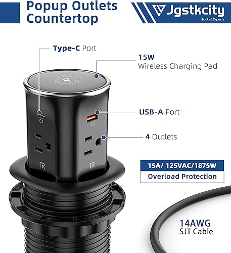 Miniatura 7 de Jgstkcity Toma de corriente desplegable para encimera con cargador inalámbrico de 15 W, puertos USB C de 20 W, resistente a manipulaciones,