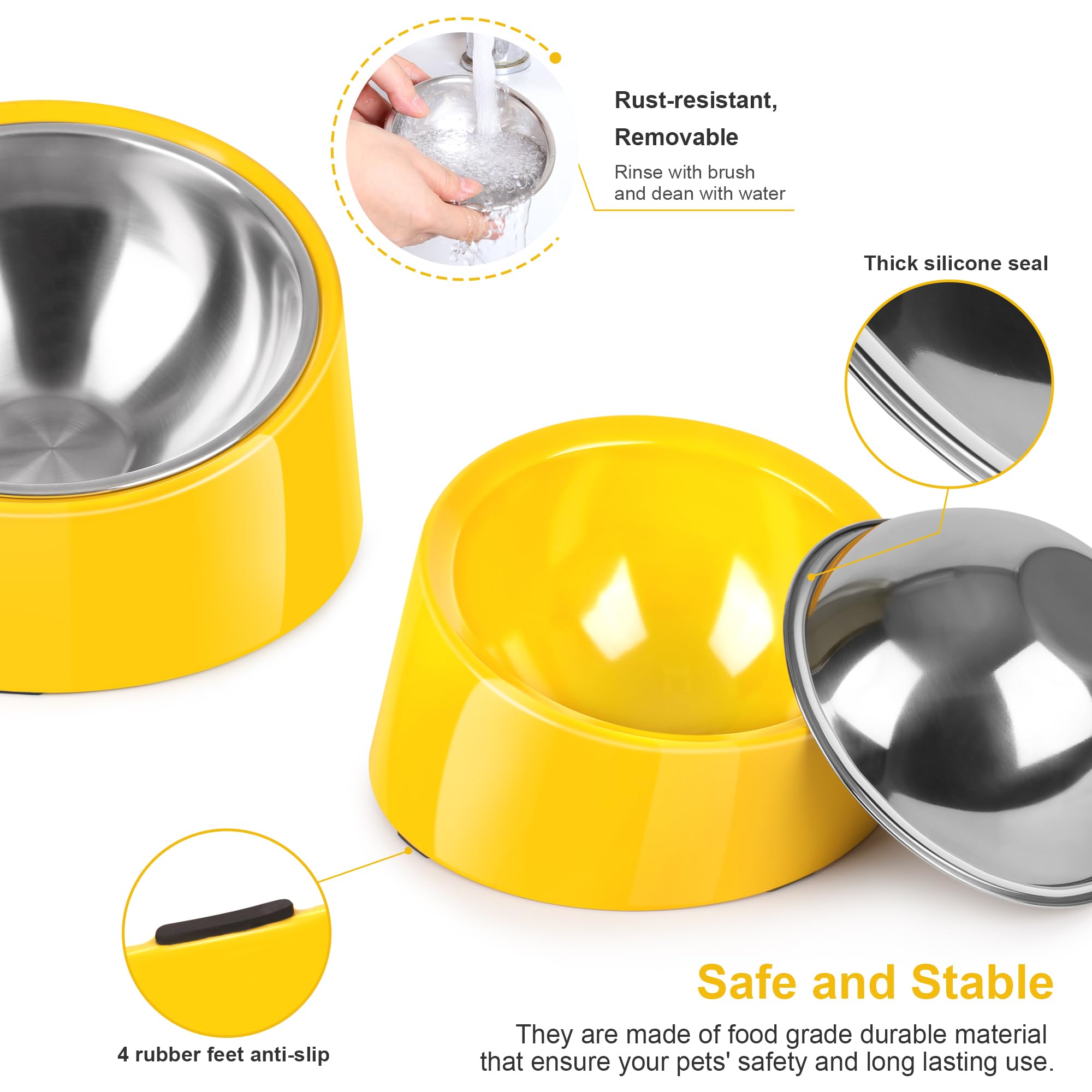 Cuenco inclinado de acero inoxidable inclinado de 15° para perros y gatos, comedero antideslizante y antiderrames, con soporte de melamina desmontable elevado, plato fácil de conseguir,