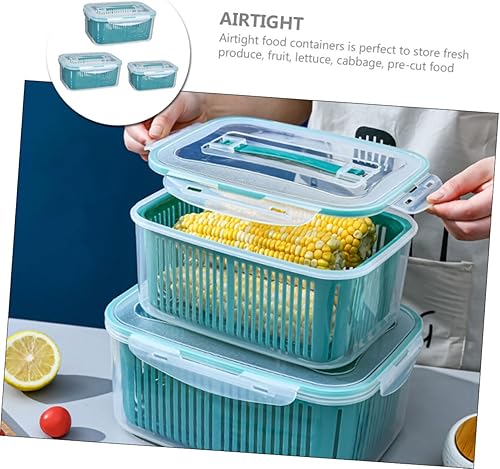 Miniatura 8 de 3 cajas de almacenamiento apilables para refrigerador con tapas a prueba de fugas y cestas de drenaje internas, escurridor multifuncional de