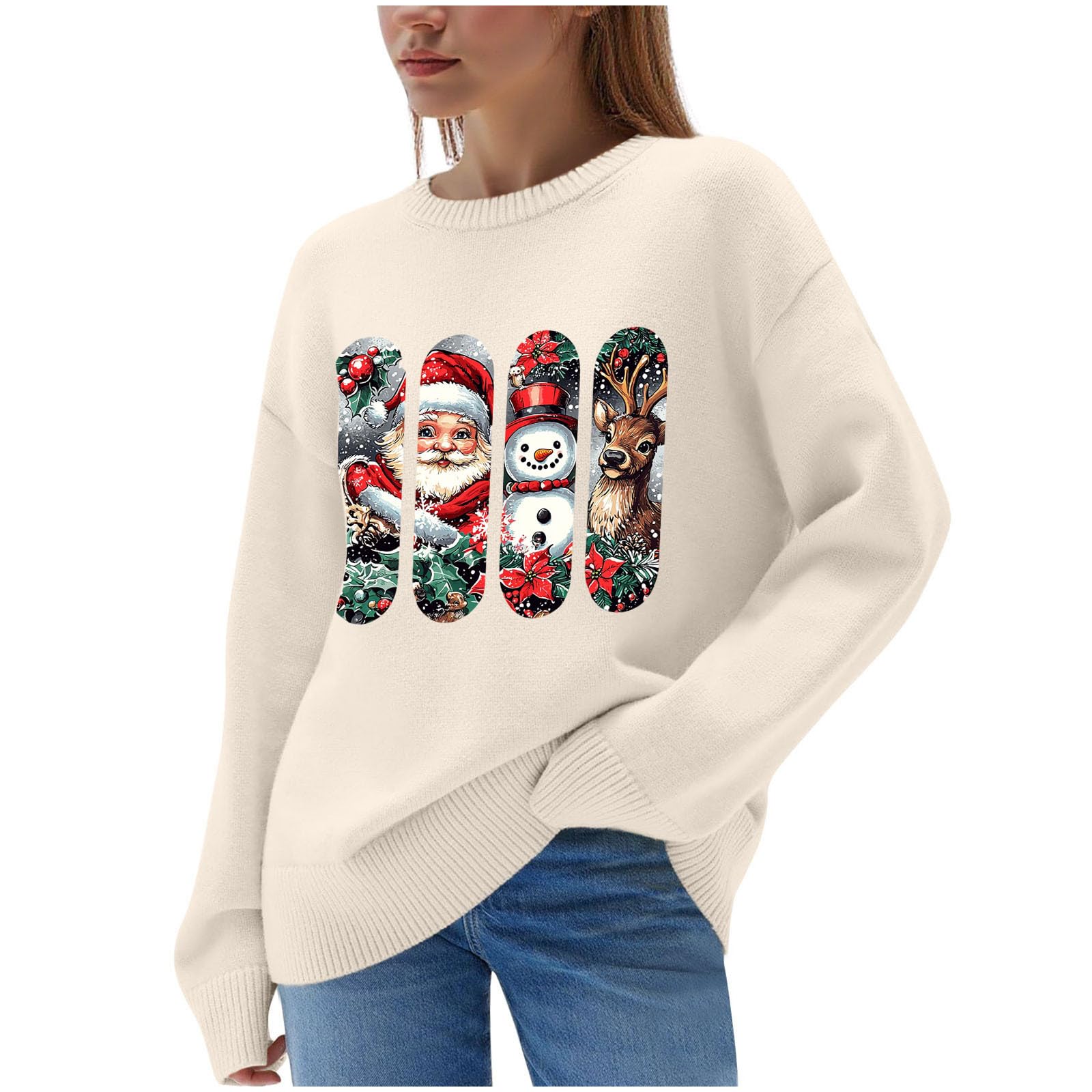 Suéteres de Navidad para mujer, de punto acanalado, con estampado de Papá Noel, reno, muñeco de nieve, suéteres de Navidad para mujer, divertidos y novedosos, para vacaciones, cuello redondo, manga