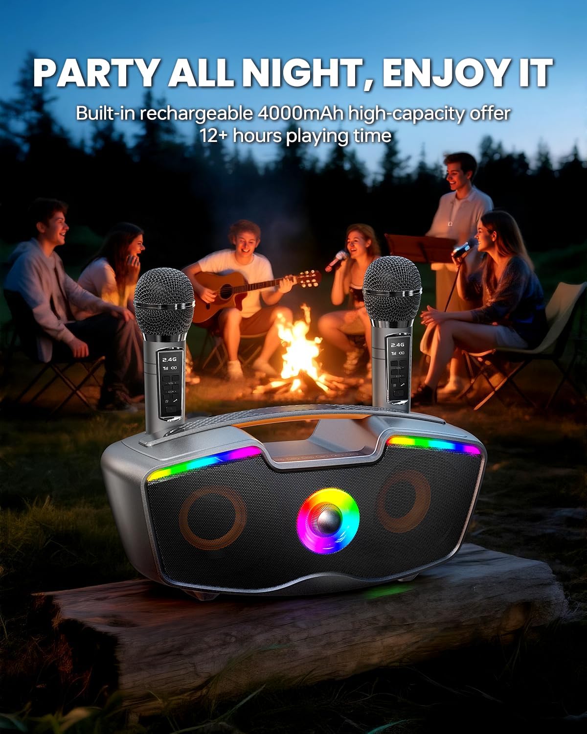 Bluetooth Karaoke Machine for Adults & Kids, 80W Portable Speaker with 2 Wireless Microphones, Echo Adjustment, Support USB/AUX/TF Card, for Outdoor/Indoor Gathering Gifts (Gray) - Image 5