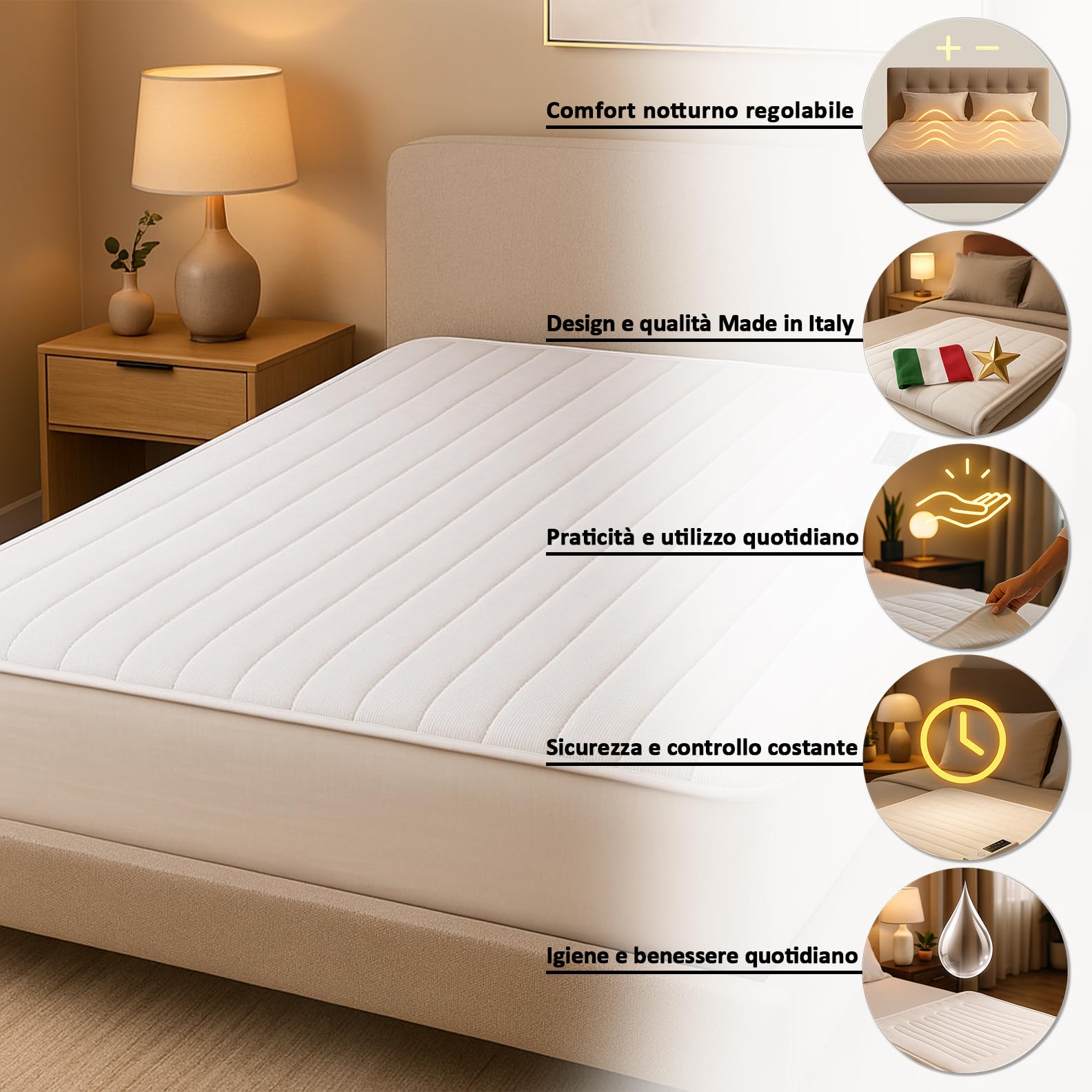 Coprimaterasso Elettrico Scaldaletto Made in Italy, Lavabile, Anallergico, 6 Temperature, 4 Timer, Lato Comando Personalizzabile, Sicuro e Confortevole (WHITE, 150X98)