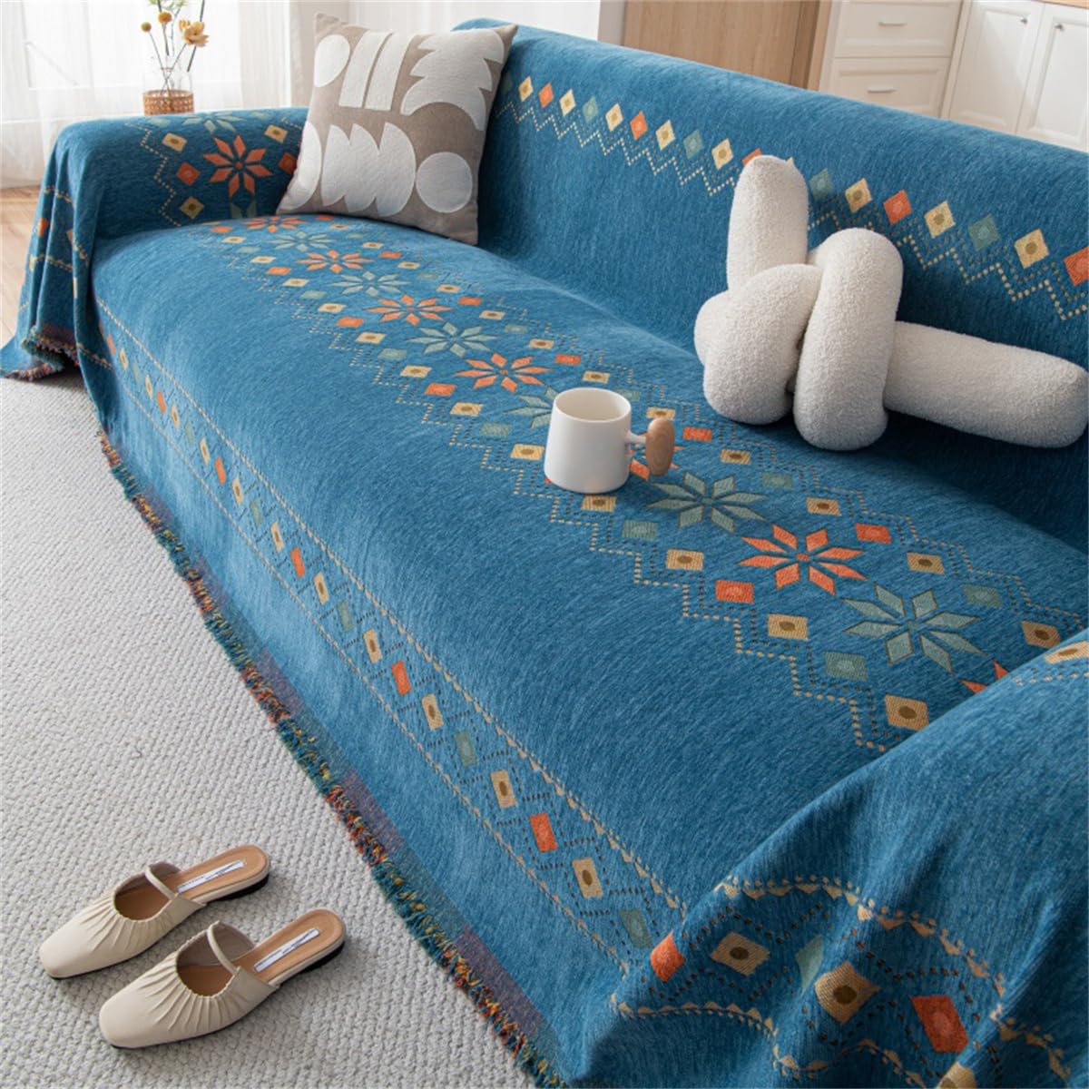 YJSZY Sofa Throws Large,Bohemian Extra Large Throws For Settees,Boho Chenille Versatile Soft Throw Blanket With Tassels For Bed Armchair Chair Slipcover 1 2 3 4 Seater,Couch Cover (Blue,180x300cm)