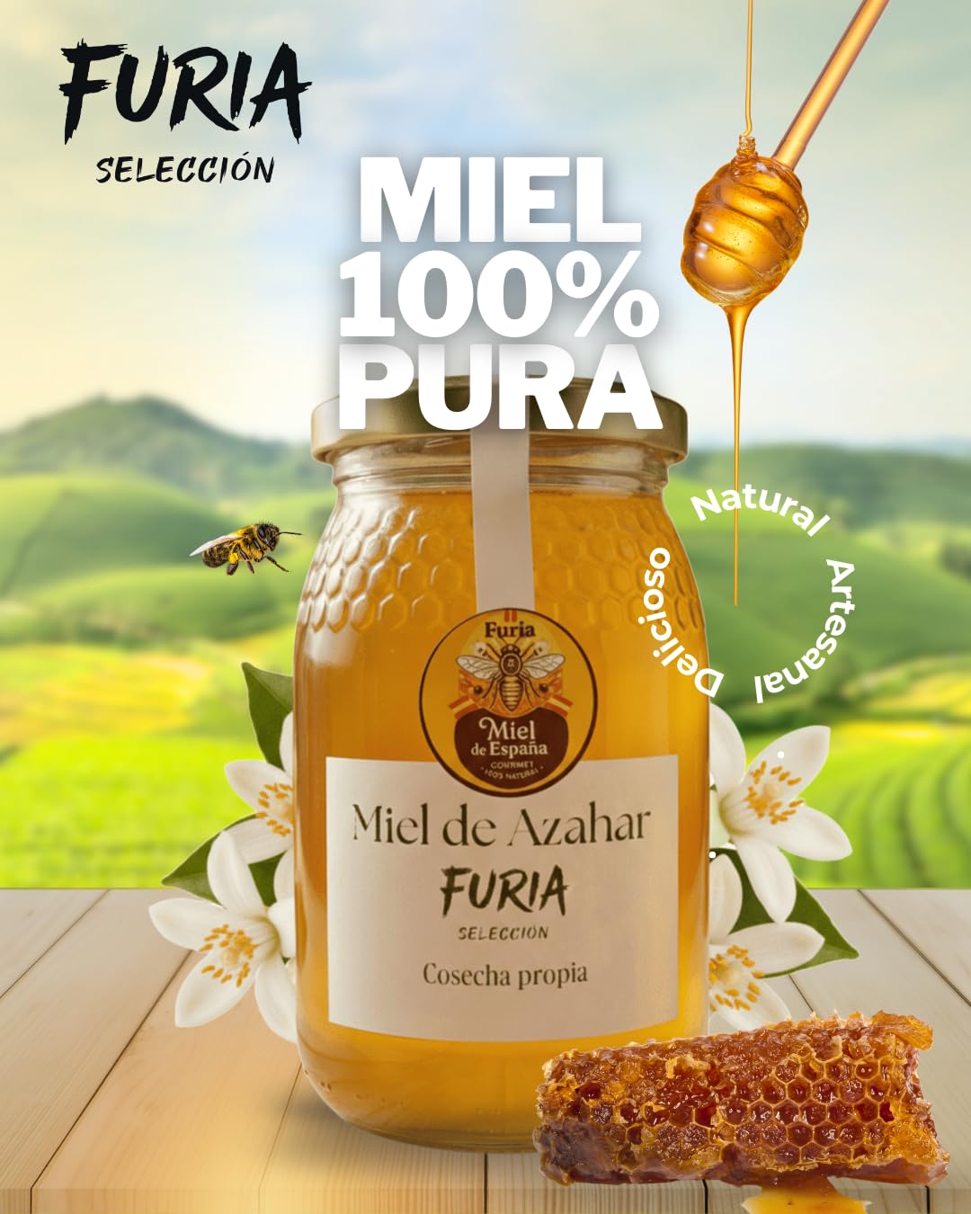 Miel de Azahar Cruda 500g – 100% Miel Pura de Abeja, Sin Pasteurizar – Flor de Naranjo Valenciana, Cosecha Propia Ecológica – Tarro de Cristal Reutilizable