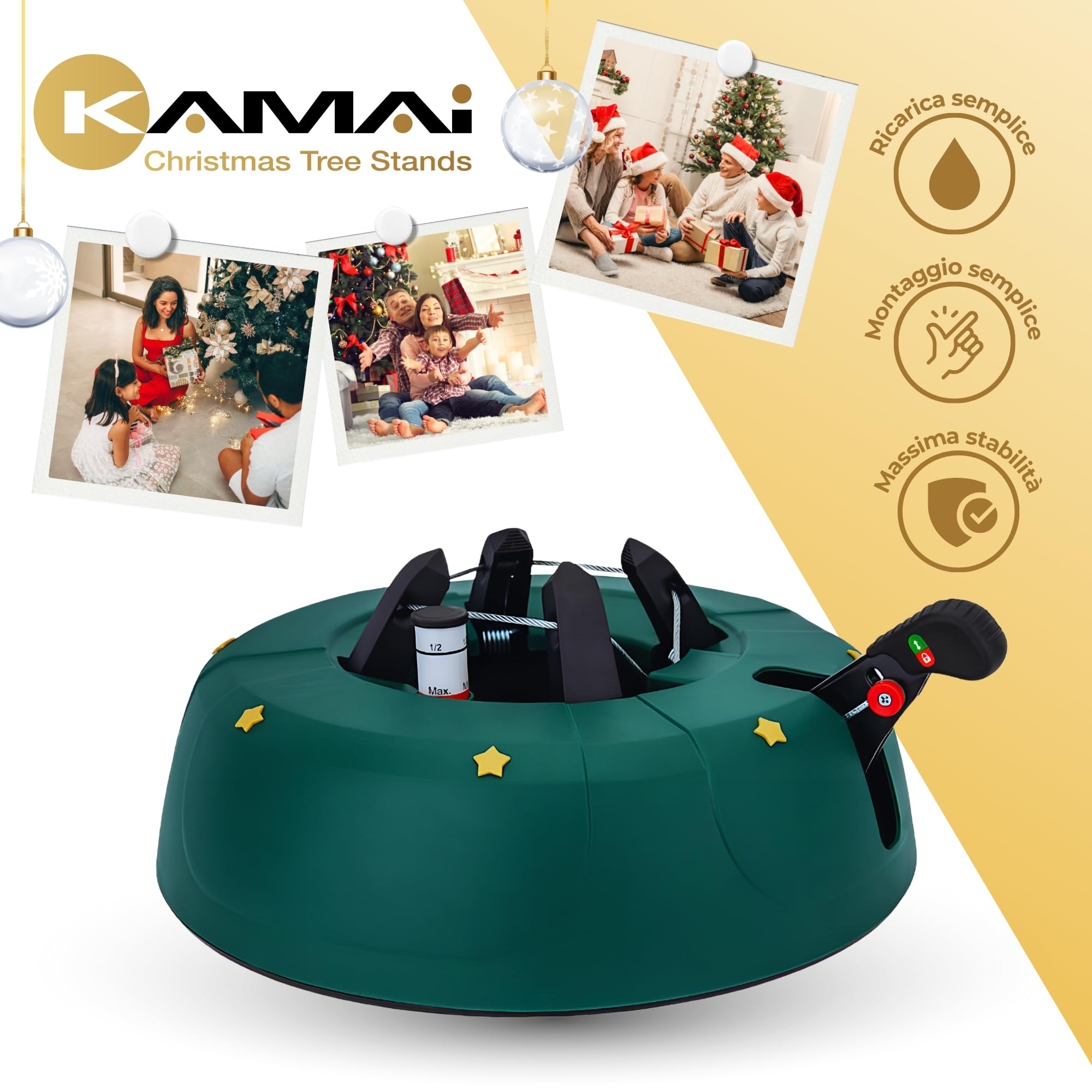 Supporto per albero di Natale fino a 3 m con pedale e sistema a corda, base stabile con serbatoio d’acqua da 3 L, design Verde Opaco con stelle – Kamai