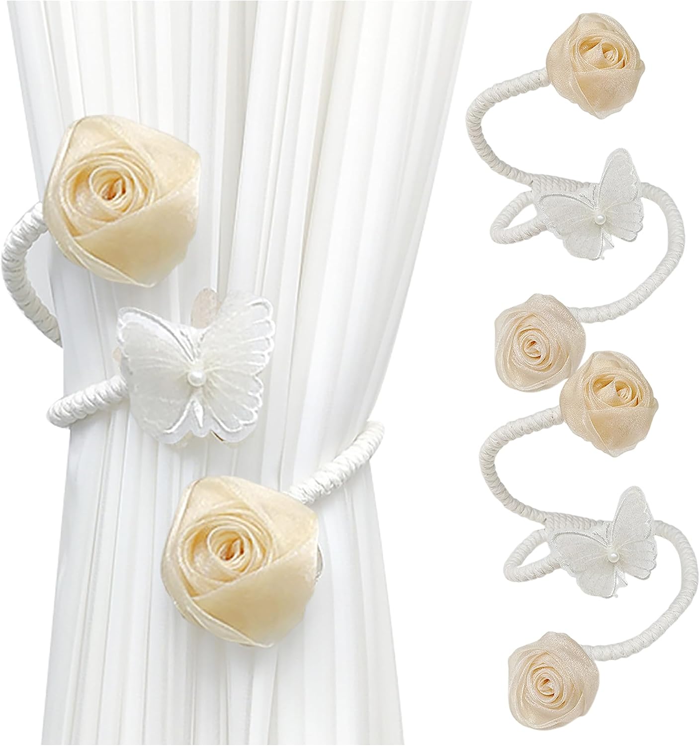 Flower Curtain Tie Backs, Flexible Curtain Holdbacks Clips Cute Twist Bough Handmade Curtain Tieback Decorative Rope for Besdroom Window Treatment (2, Rose Flower Blue)