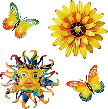 Meduofon 3PC Metal Flowers and Butterfly Wall Art + Metal Sun Outdoor Wall Decor