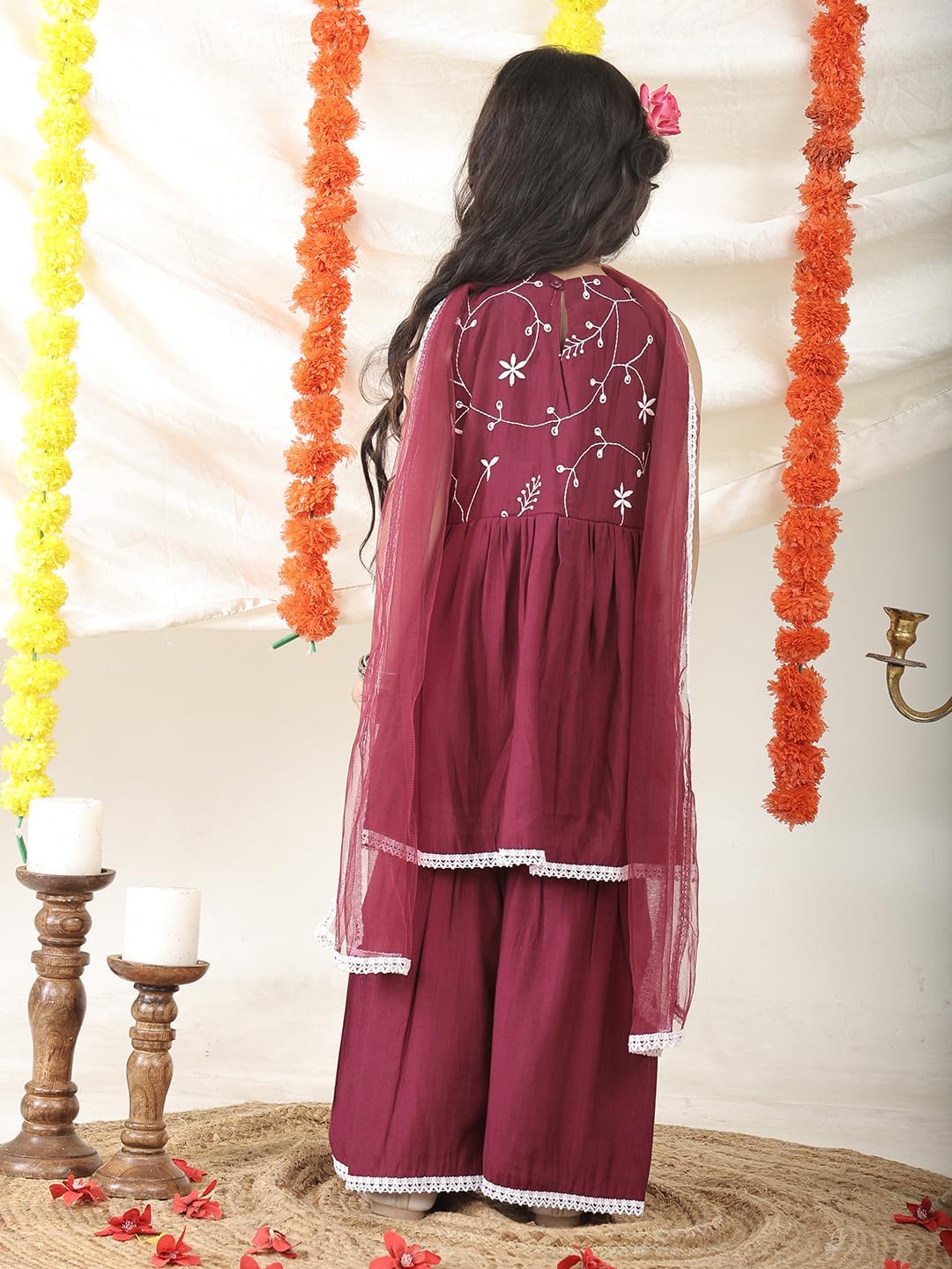 Superminis Girls Silk Blend Embroidery Work Sleeveless Flared Kurti Sharara With Dupatta Set