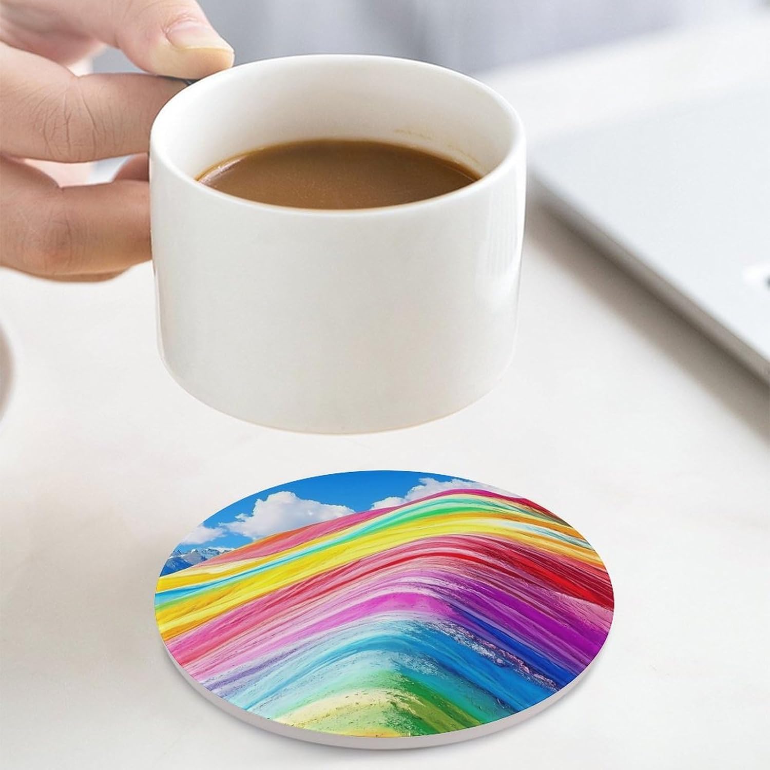 Rainbow Mountain Round Ceramic Coasters for Drinks Absorbent Cup Holder Tabletop Protector with Cork Base