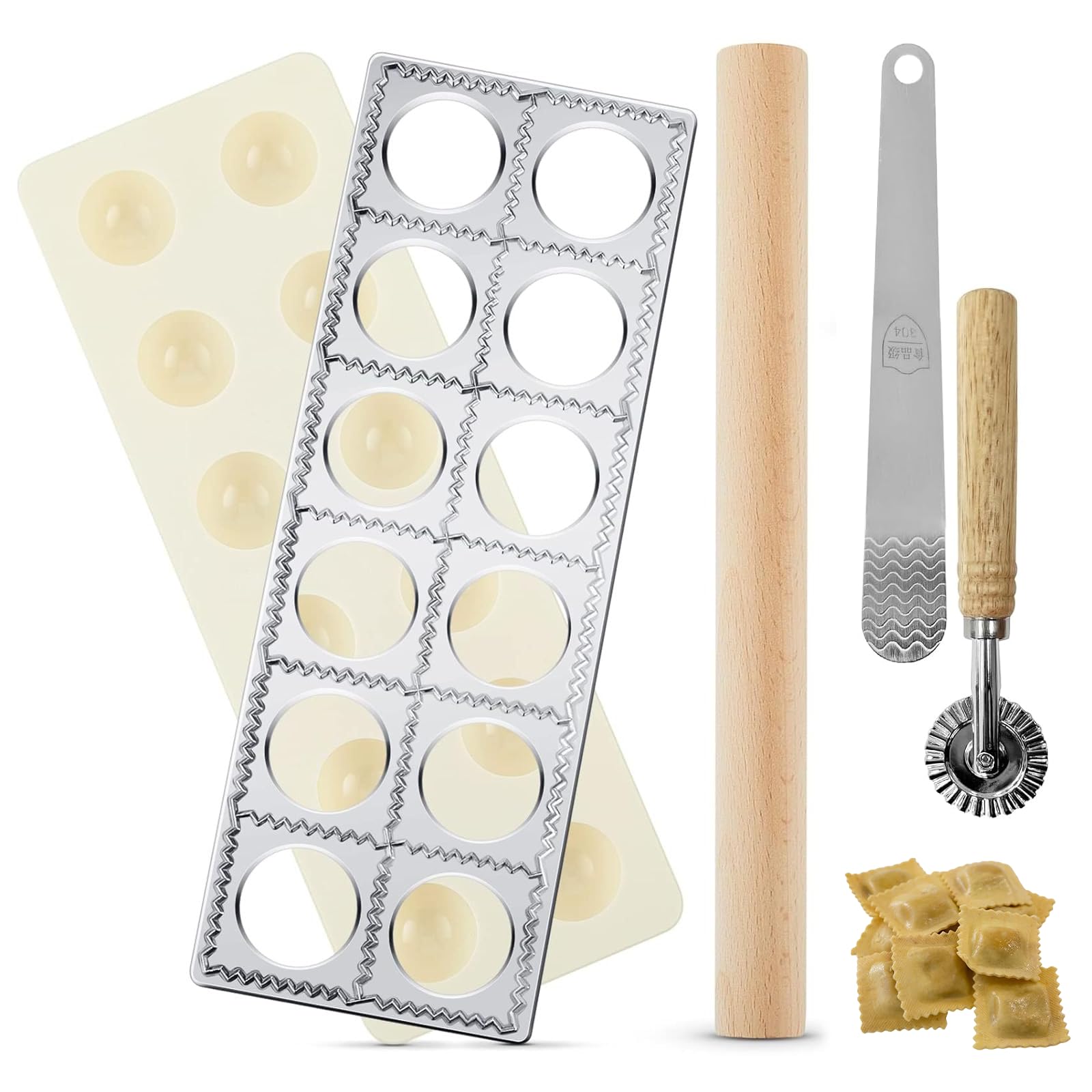 Stampo per Ravioli, Set Completo 5 Pezzi con Stampo in Alluminio da 12 Fori, Rotella Tagliapasta e Mattarello in Legno – Attrezzi per Pasta Fatta in Casa per Fare Ravioli