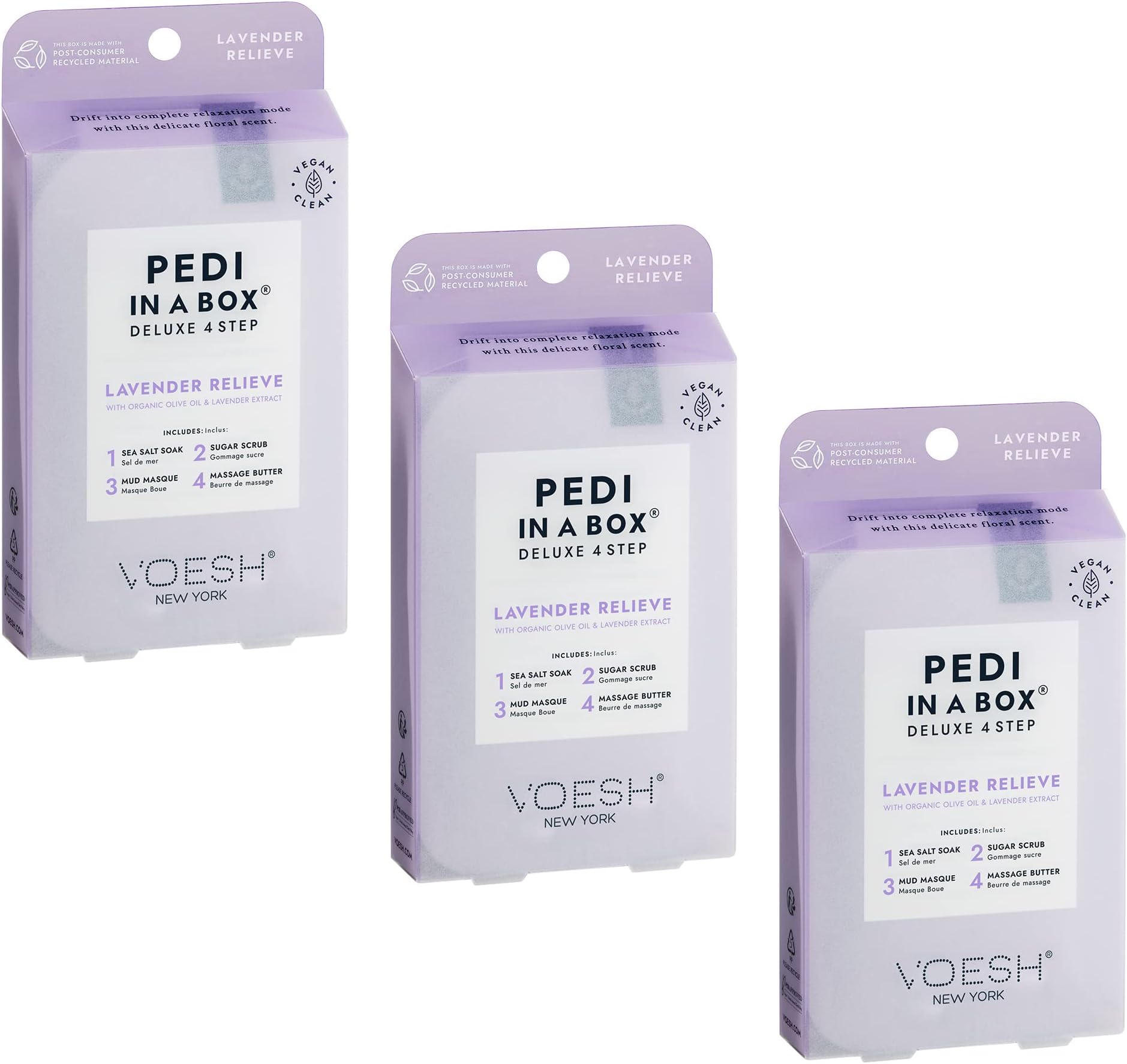 VOESH Pedi in a Box 4 Step Lavender - 3 Pack, Relaxing Spa Pedicure, At-Home Pedicure, DIY Pedi, Pedicure Supplies, Foot Care, Foot Spa, Vegan
