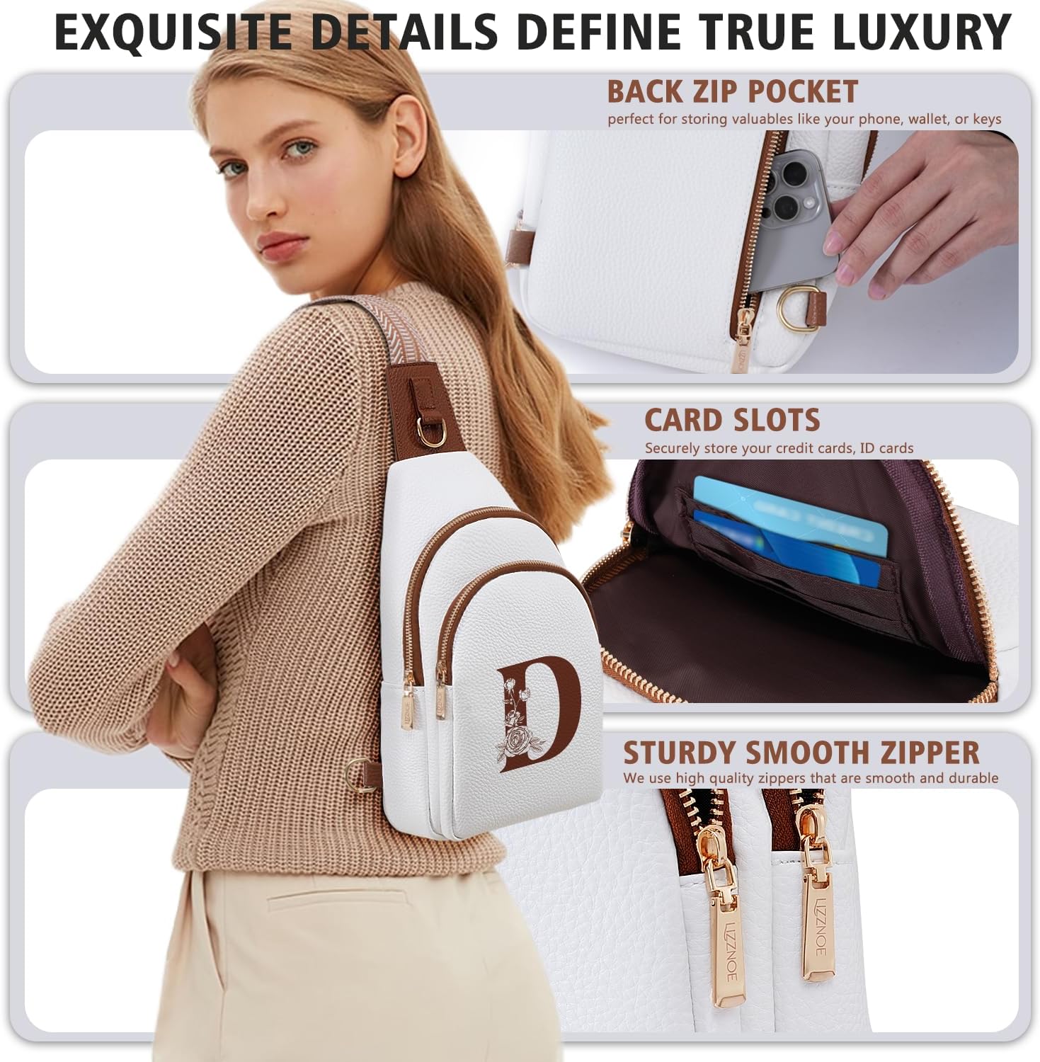 Crossbody Bag for Women Leather Sling Bags with Initial Letter Fanny Pack Chest Bag for Travel, Gift for Mom Wife