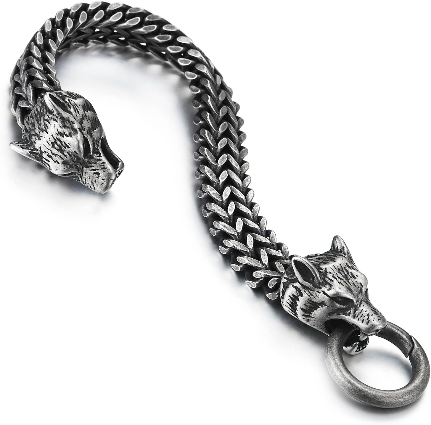 COOLSTEELANDBEYOND Biker Mens Stainless Steel Wolf Head Franco Link Curb Chain Bracelet with Spring Ring Clasp