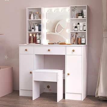 White Vanity Set with Chair and Mirror, 3 Color Temp Adjustable Mirror LED Makeup Dressing Table with 3 Drawers Storage