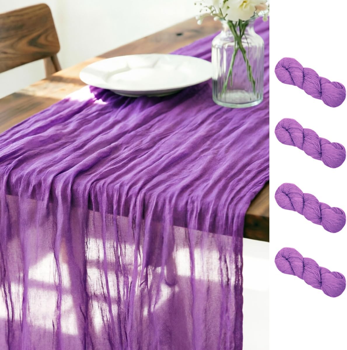 Purple Cheesecloth Table Runner Fall Boho Wedding Birthday Home Decor | 4 Pack 10FT 120in Table Runner for Baby Shower Bridal Birthday Holiday Farmhouse Party Decorations