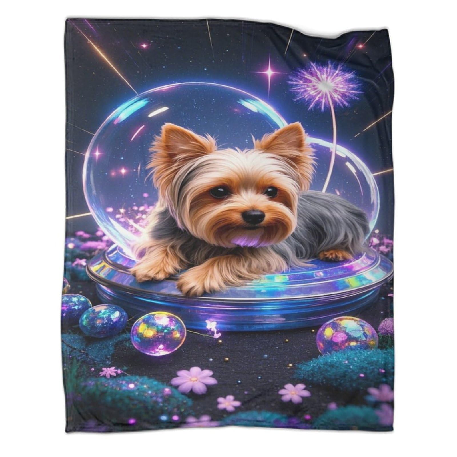 Yorkshire Terrier Bed Blanket 3D Pattern Fireworks Flannel Plush Blankets Lightweight Cosy for Adults Travel 70x80inch(180x200cm)