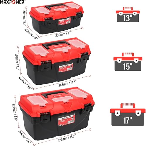 Miniatura 9 de MAXPOWER Caja de herramientas de 15 pulgadas, cajas de herramientas de plástico con bandeja extraíble y doble bloqueo asegurado para el hogar