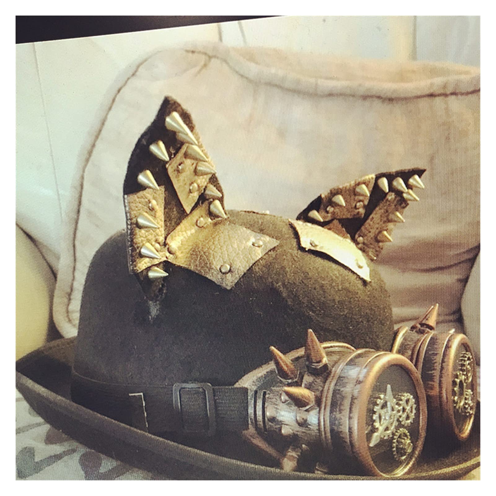 AGHHClassic Porkpie Women Men Steampunk Hat Punk Rivet Bowler Hat Glasses Topper Cat Ear Hats Fedora Groom Cosplay Hat (Color : Black JDJD, Size : 57-58CM)