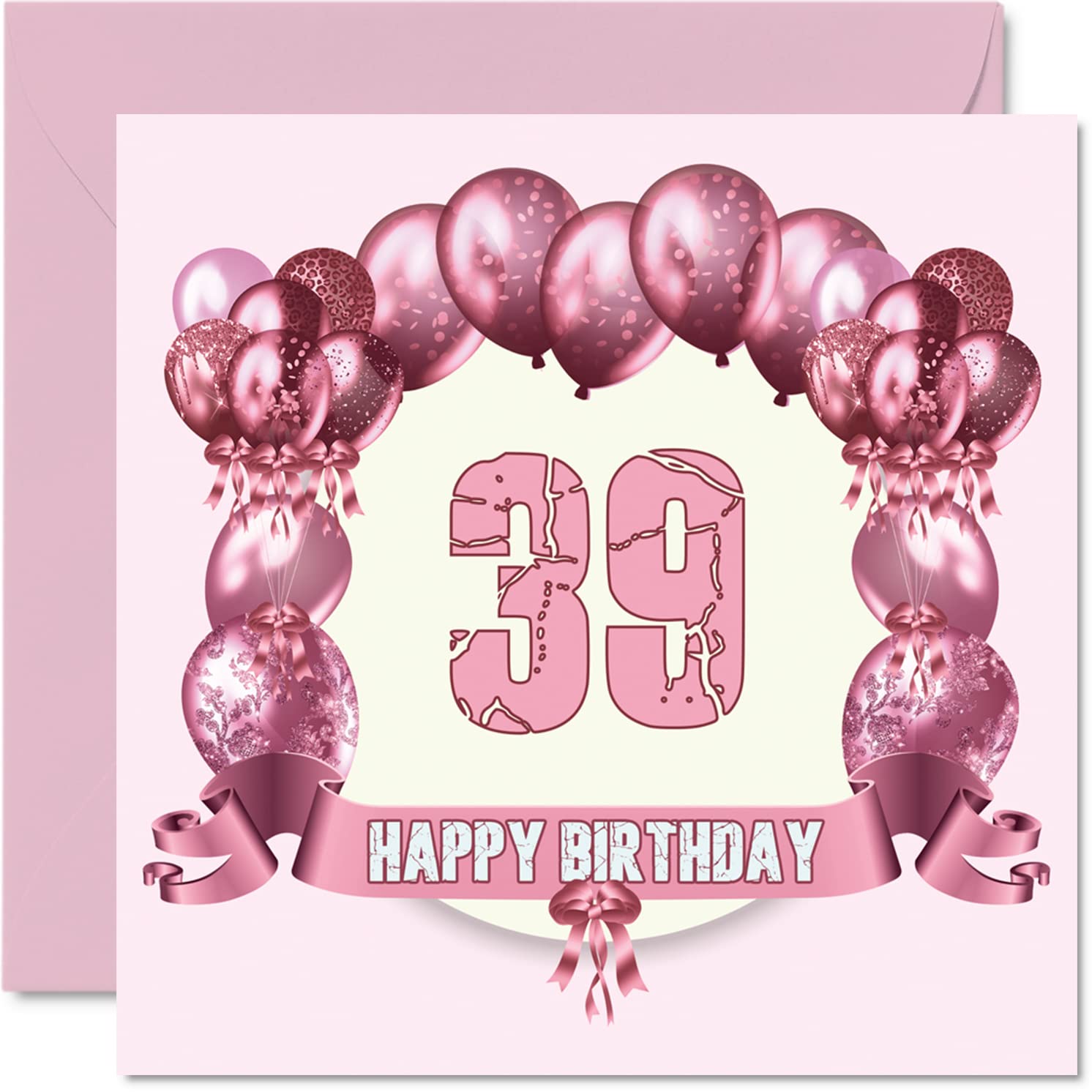39th Birthday Card For Women - Pink & Purple Glitter Balloons