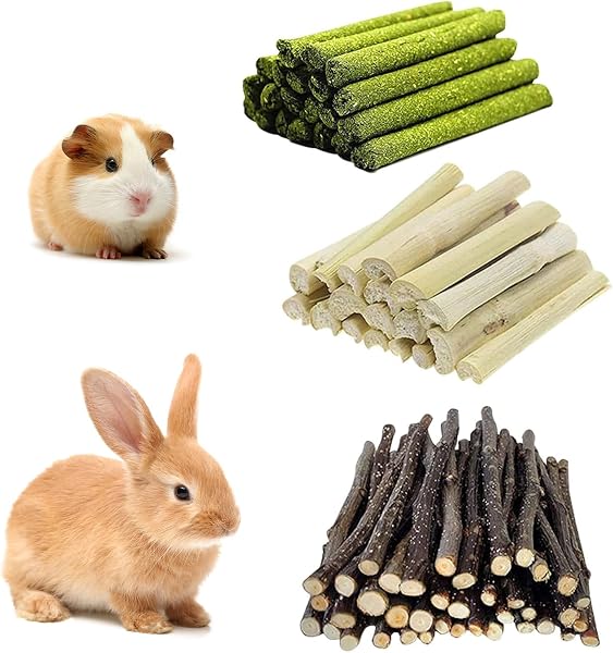 300g - Juguetes para masticar roedores - Dulce Bambúo, Madera de Manzano, Heno de Timoteo - Palitos de Dentición Rica en Fibras para Conejos, Conejillos de Indias, Hamsters, Chinchillas - 1
