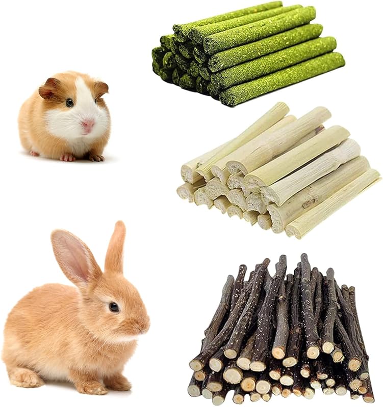 300g - Juguetes para masticar roedores - Dulce Bambúo, Madera de Manzano, Heno de Timoteo - Palitos de Dentición Rica en Fibras para Conejos, Conejillos de Indias, Hamsters, Chinchillas