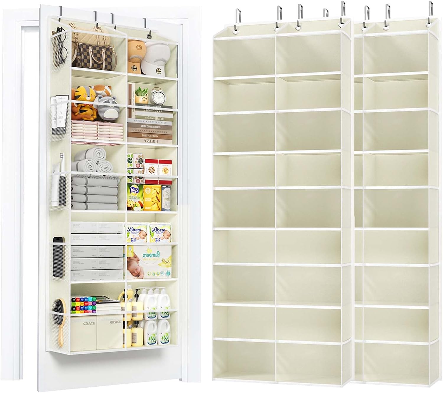 2 Pack 5-Tier Over The Door Organizer with 10 Side Mesh Pockets & Clear Windows, 80 lbs Weight Capacity Hanging Storage for Bathroom, Bedroom, Nursery, Kitchen, Organize Shoes, Diapers(Grey)