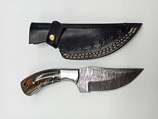 Custom handmade Damascus Steel Trailing Point Skinner Knife with original leather pouch
