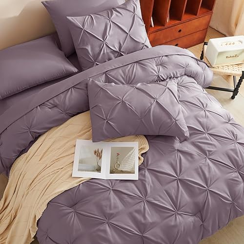 Miniatura 9 de CozyLux Juego de Edredón Queen Morado Grisáceo, 7 Piezas Pintuck Cama en una Bolsa, Edredón Morado Premium Tamaño Queen, Juegos de Ropa de Cama de